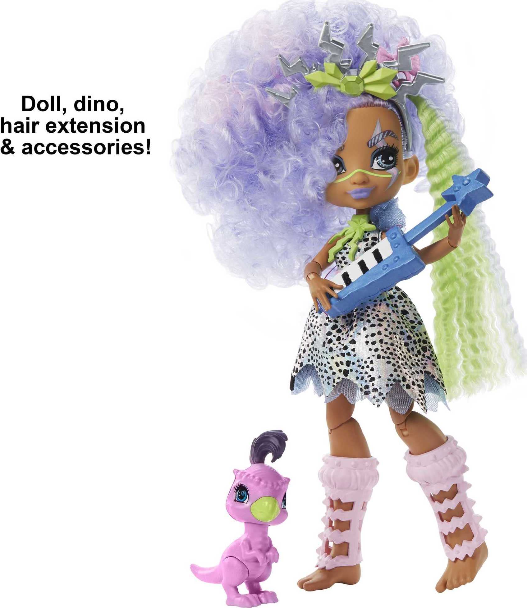 Mattel Cave Club Bashley Doll (8 10-inch, Lavender Hair) Poseable Prehistoric Fashion Doll with Dinosaur Pet and Accessories, Gift for 4 Year Olds and