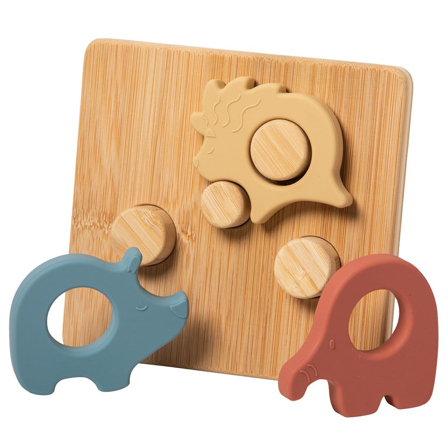Mary Meyer Baby and Toddler Toys Simply Silicone Sorting Puzzle with Bamboo Base for 12+ Months Old Preschool Gifts, 7 x 6-Inches, Safari Animals