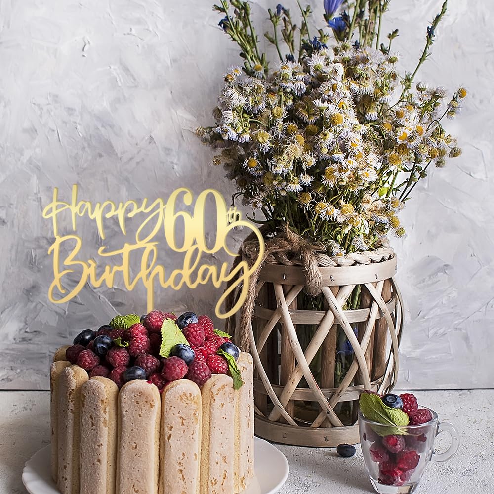 Happy 60th birthday cake Topper,Mirrored Gold Acrylic Durable Cake Topper,60th Birthday Party Cake Decorations,Hello 60th years old, Happy sixty years
