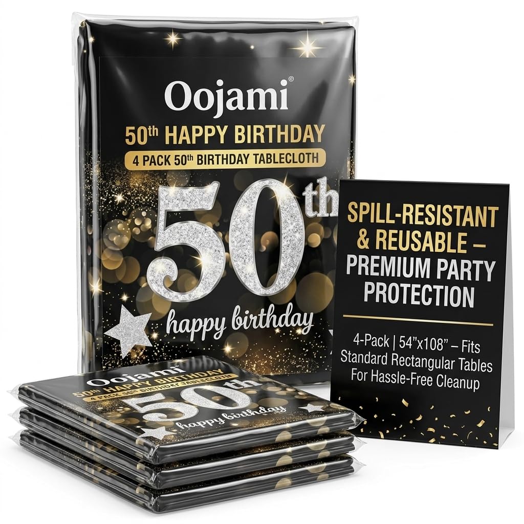 Oojami 4 Pack 50th Birthday Tablecloth, 50th Birthday Table Cloth - Plastic Party Table Covers, Reusable, Spill-Resistant, Fits 54 x 108 Inch