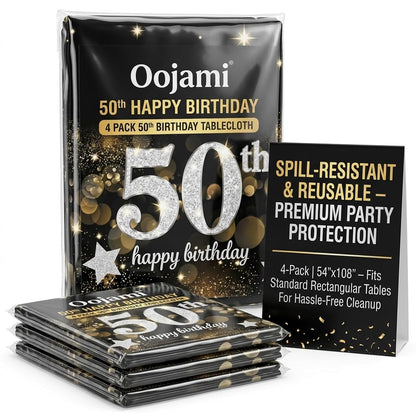Oojami 4 Pack 50th Birthday Tablecloth, 50th Birthday Table Cloth - Plastic Party Table Covers, Reusable, Spill-Resistant, Fits 54 x 108 Inch