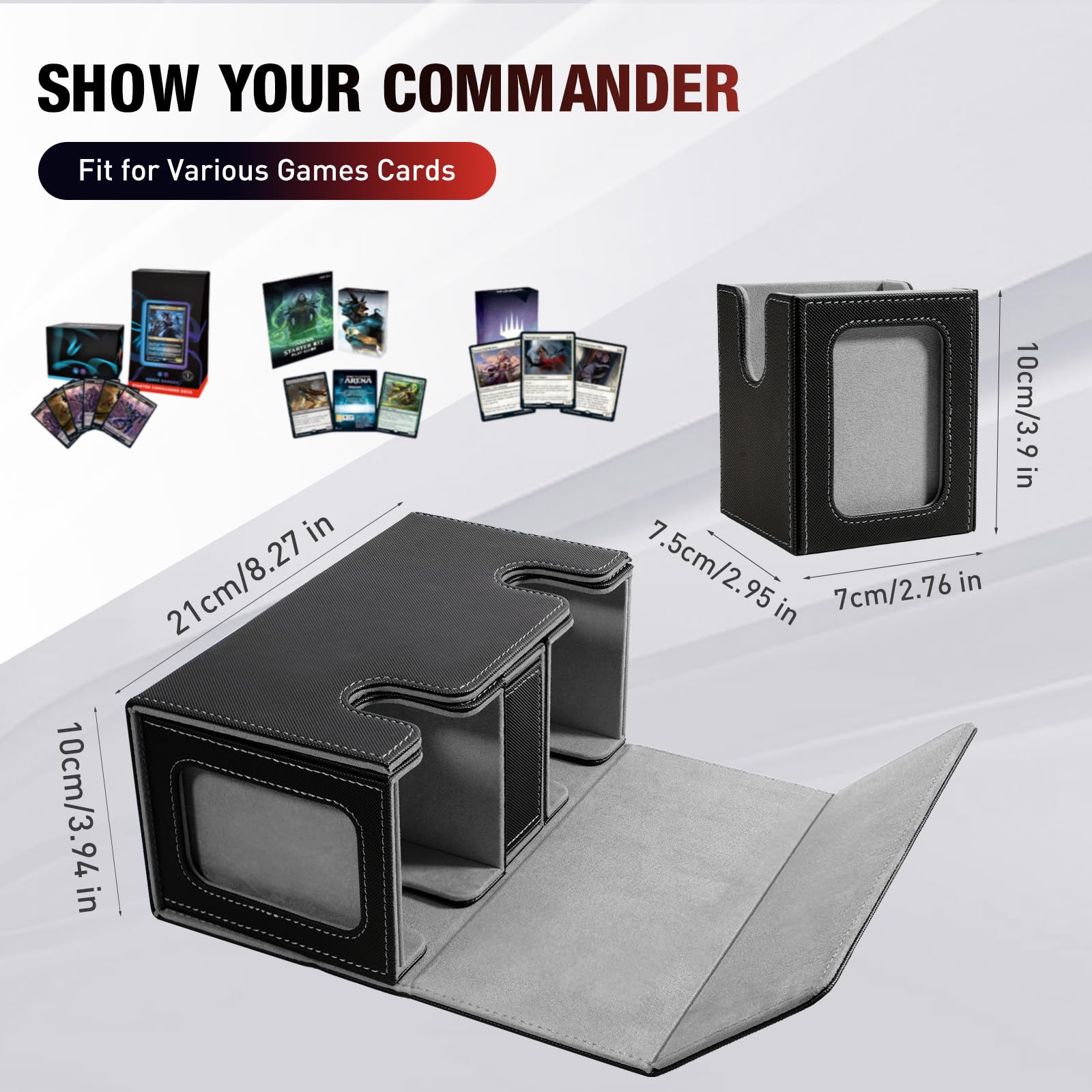 TiMOVO MTG Deck Box, Commander Deck Case Fits 200+ Double-Sleeved Cards, Magnetic Leather Card Storage Box with 2 Commander Display & 4Dividers & Dice