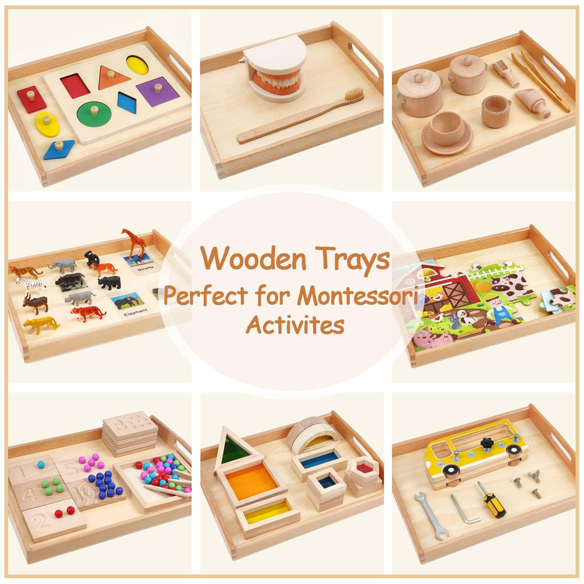 Montessori Wooden Trays with Handles, 3 Pack Small Medium Big Quality Wood Tray for Toddlers and Kids Montessori Activities, Trays to Store Toys
