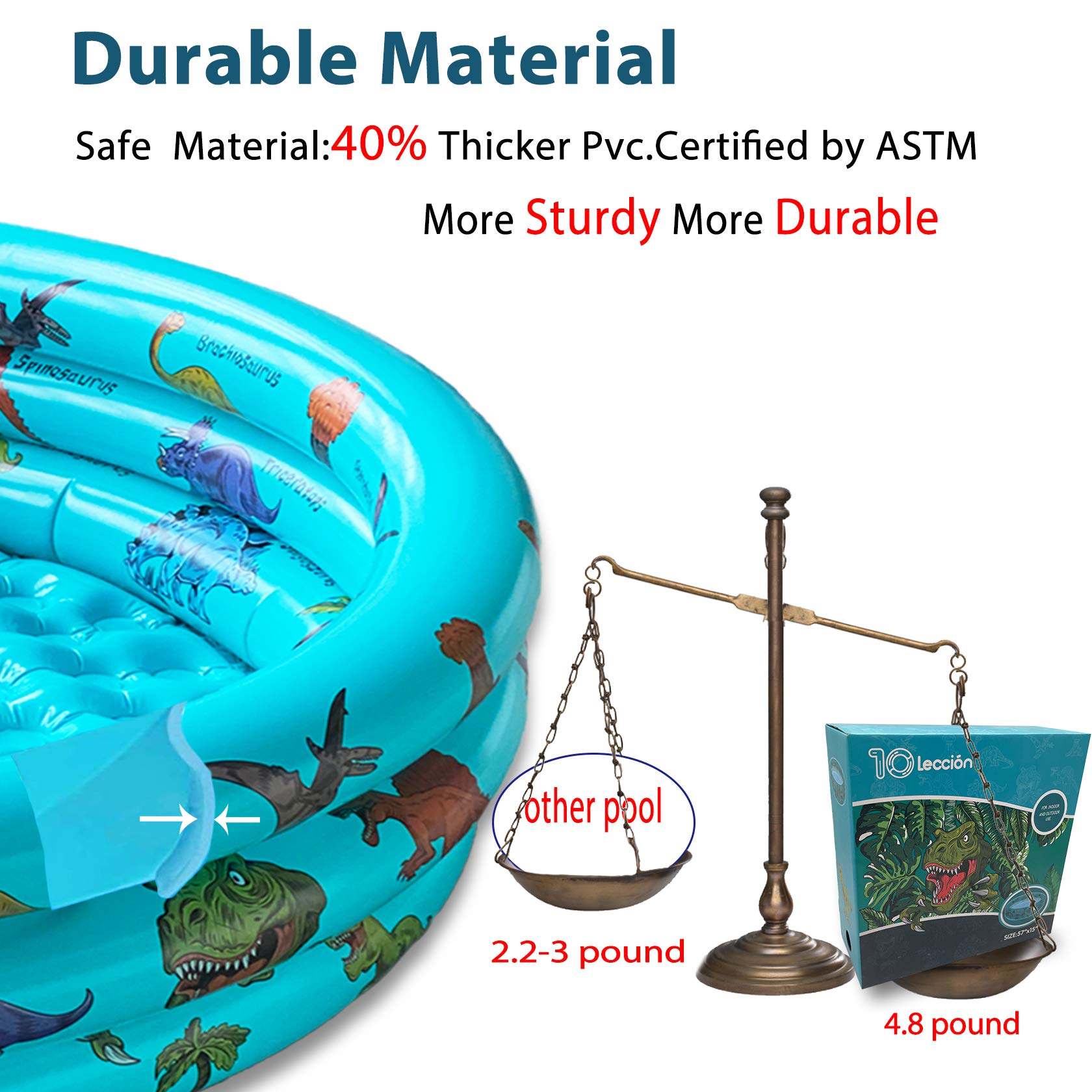 Dinosaur Inflatable Kiddie Pool, Blow Up 3-Ring Round Baby Play Center for Inside or Outdoor, Toddler Ball Pit/Fishing/Toys - 57'x15'