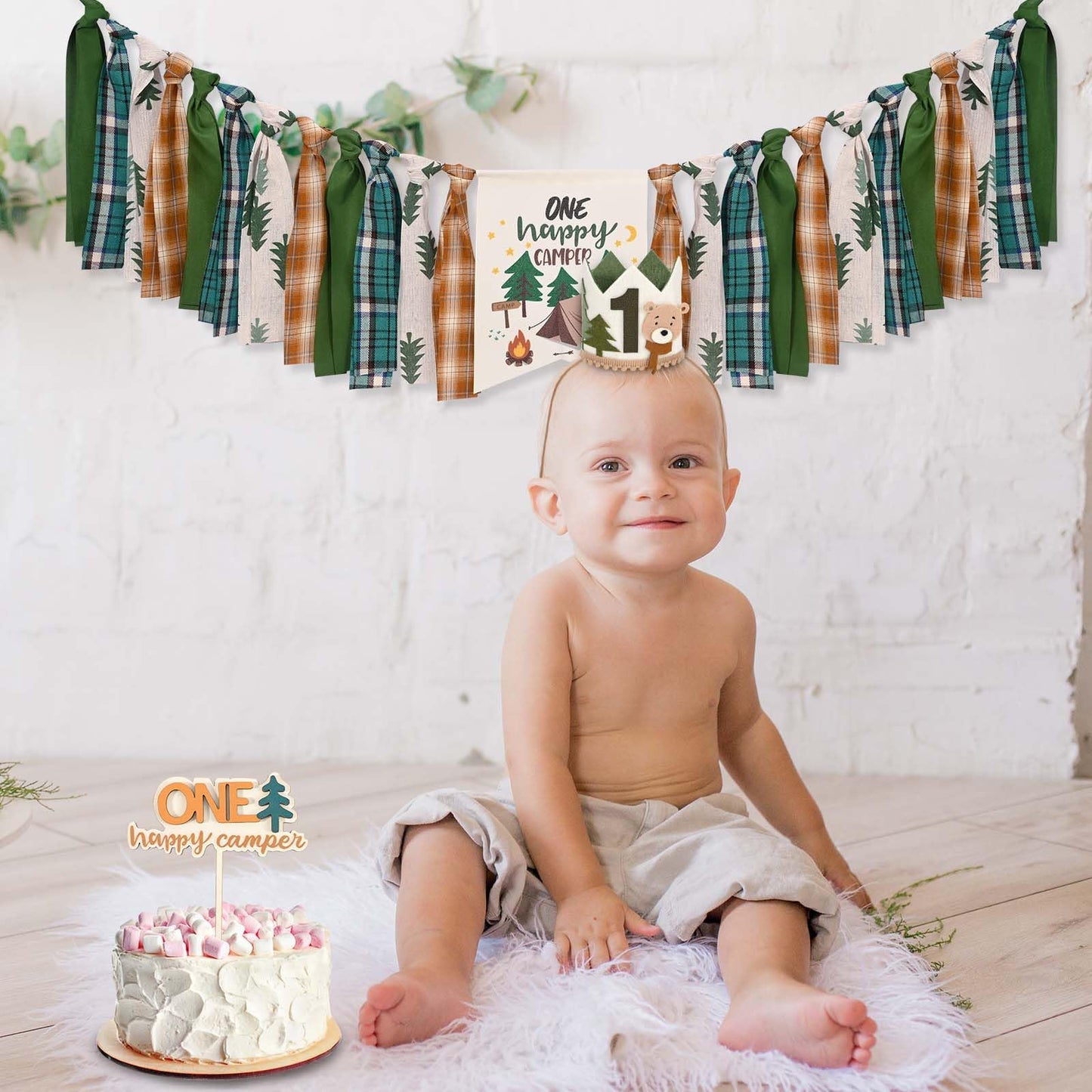 One Happy Camper Highchair Banner Adventure Camping Theme 1st Birthday Banner Crown Cake Topper Highchair Photo Prop for Camp Birthday Party