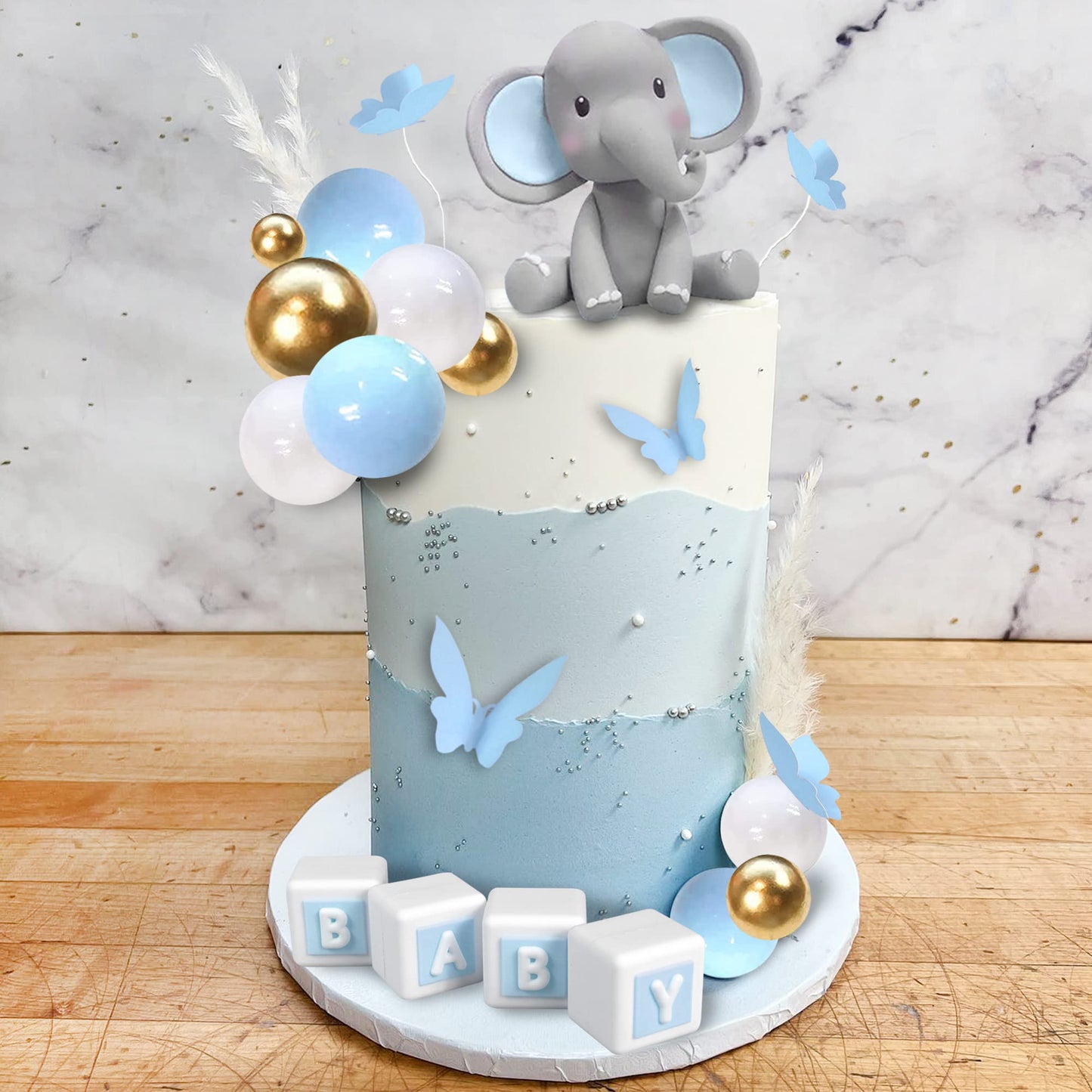 Elephant Cake Decoration Mini Elephant Cake Topper Blue Letter Cake Toppers Gold Blue White Pearl Ball for Elephant Theme Birthday Supplies (BLUE)