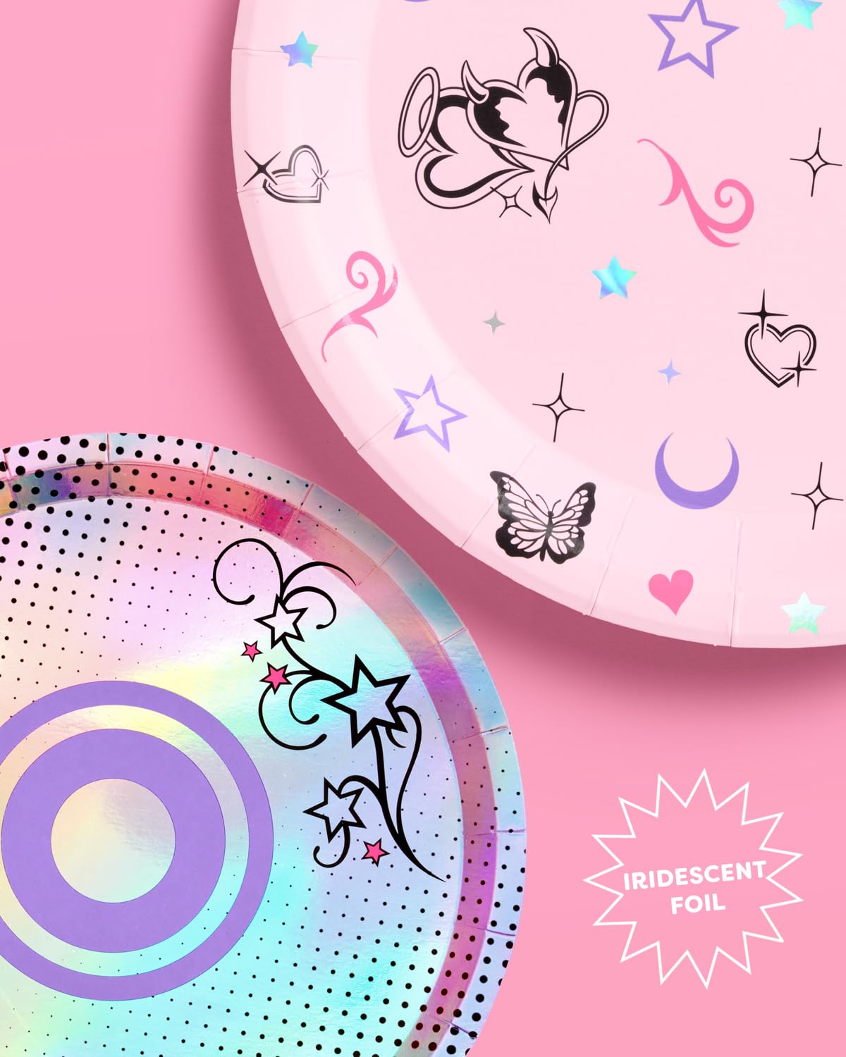 xo, Fetti Y2K Plate Set - 32 Paper Plates, 16 9" plates + 16 7" plates | Birthday Party, Retro CD 90s 2000s Theme, Butterfly, Iridescent Foil, Pink