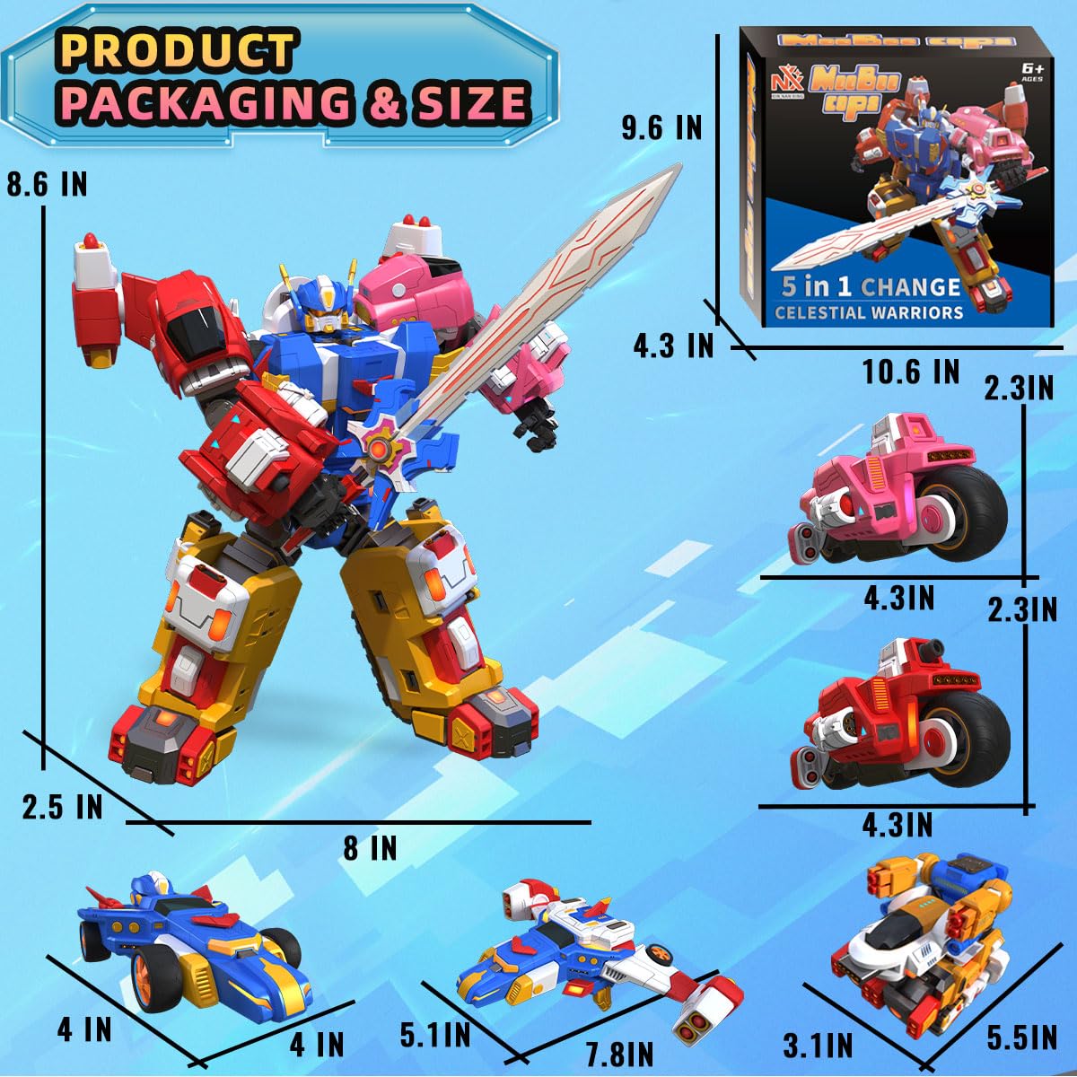Wenbeier 5 in 1 Car Robot Toys for Kids Vehicles Action Figure Deformation Toys Include Go Kart Motorcycle Airplane Tank- STEM Educational Toy