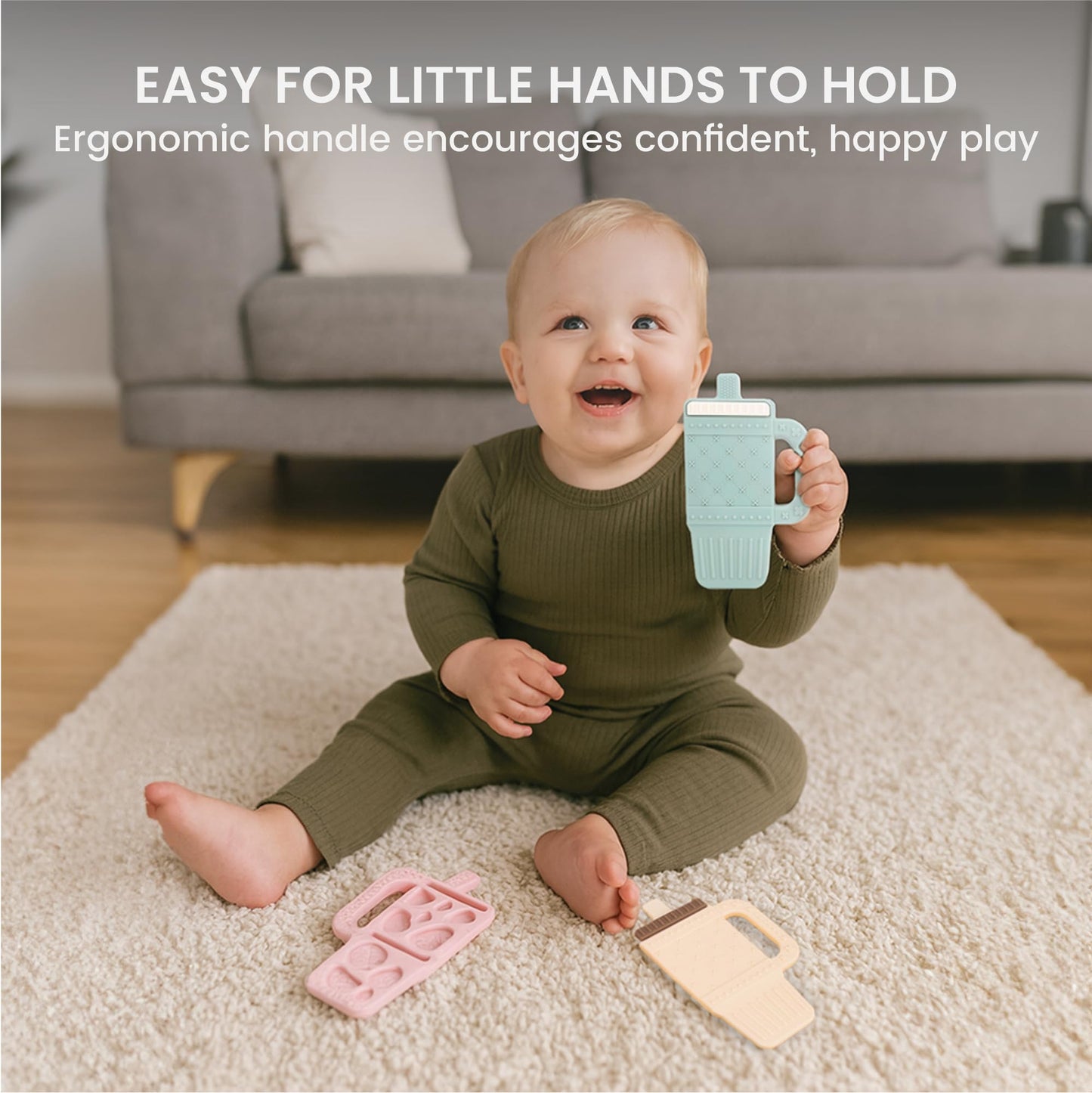 Lulyboo Sip & Soothe Silicone Teether 3 Pack - Food-Grade Soft Silicone, Textured Fruit-Shaped Teething Toys with Easy-Grip Handles for Sensory