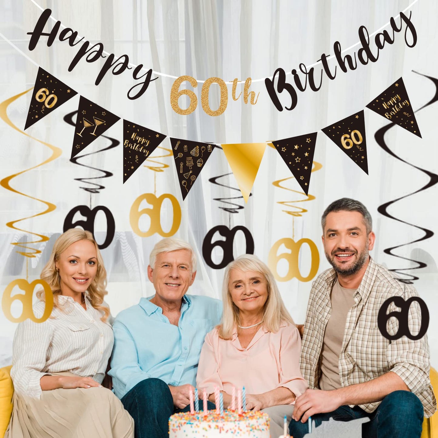 60th Birthday Decoration Kit, Happy 60th Birthday Banner Bunting Swirls Streamers, Triangle Flag Banner for Birthday Party Decorations Supplies Black