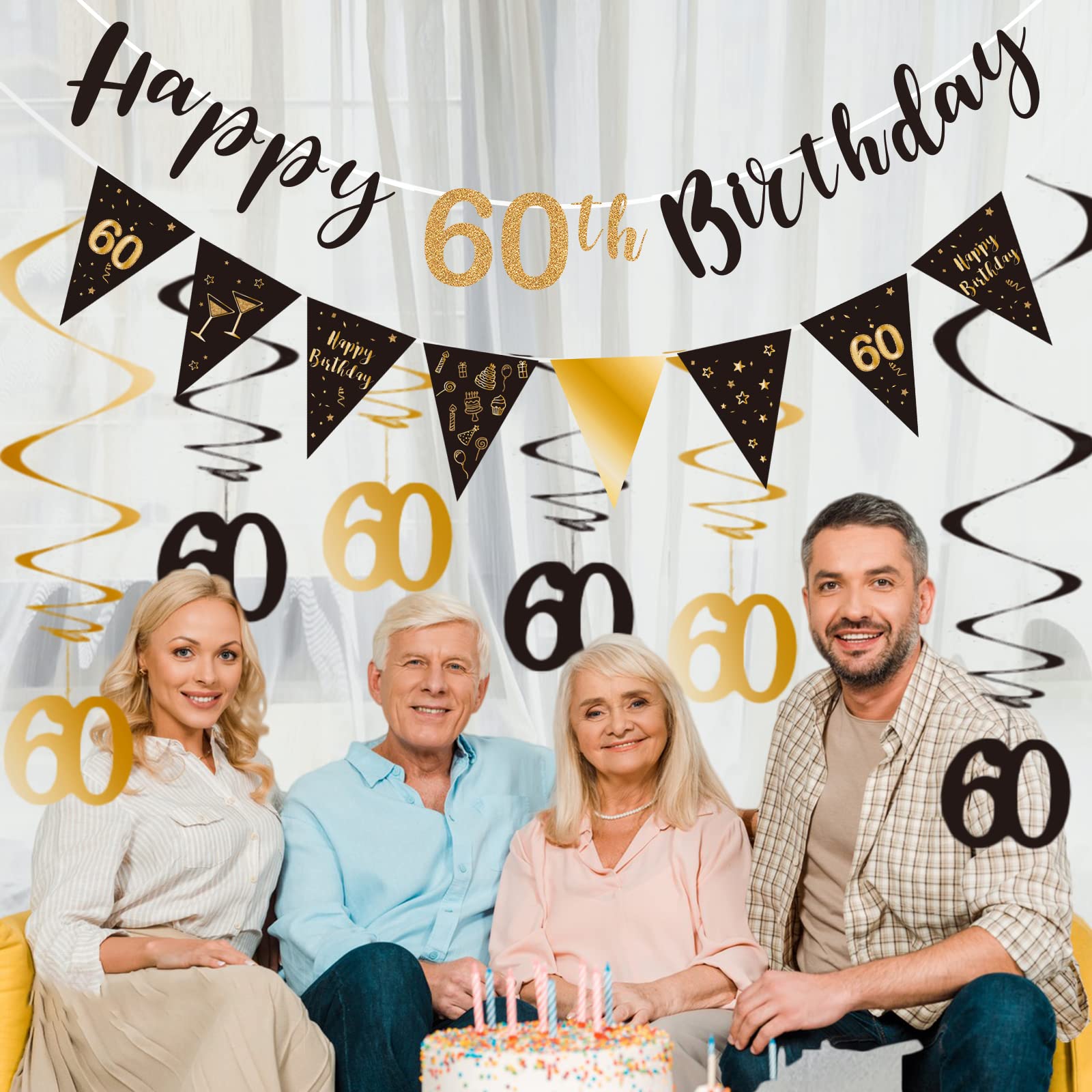 60th Birthday Decoration Kit, Happy 60th Birthday Banner Bunting Swirls Streamers, Triangle Flag Banner for Birthday Party Decorations Supplies Black