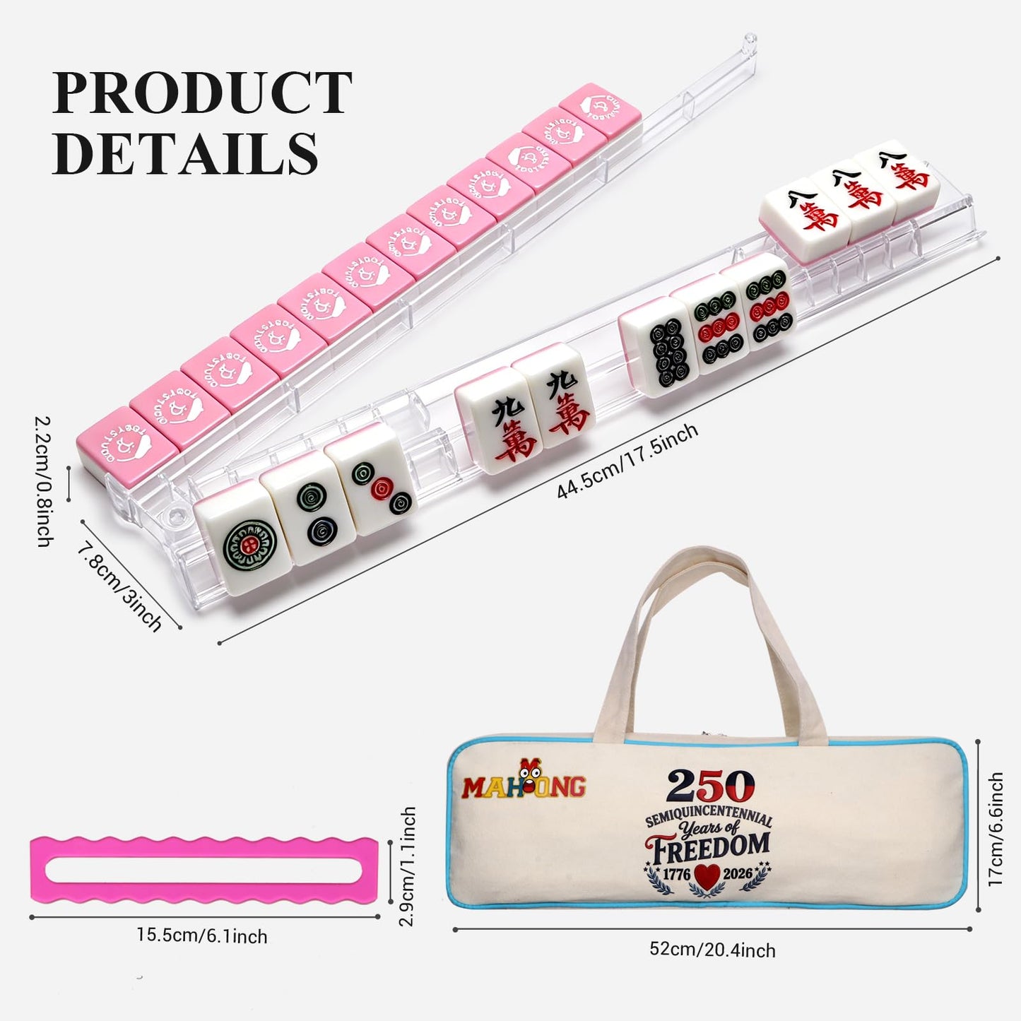 Non-Slip Clear Mahjong Racks with Pushers Set of 4, Complete Gift Set with 4 Readers, Lucky Clover Card, 250 Anniversary Tote Canvas Bag & Elegant