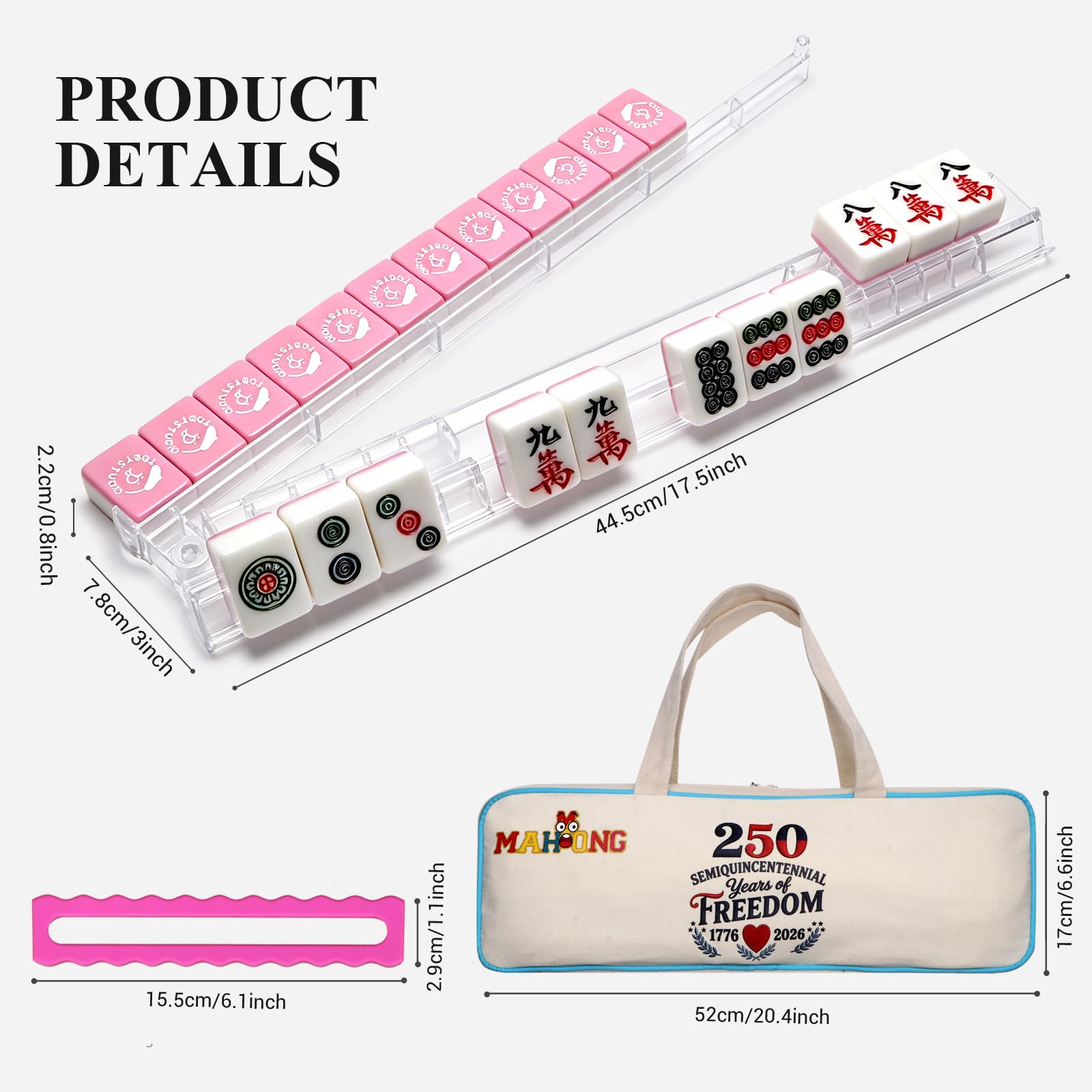 Non-Slip Clear Mahjong Racks with Pushers Set of 4, Complete Gift Set with 4 Readers, Lucky Clover Card, 250 Anniversary Tote Canvas Bag & Elegant
