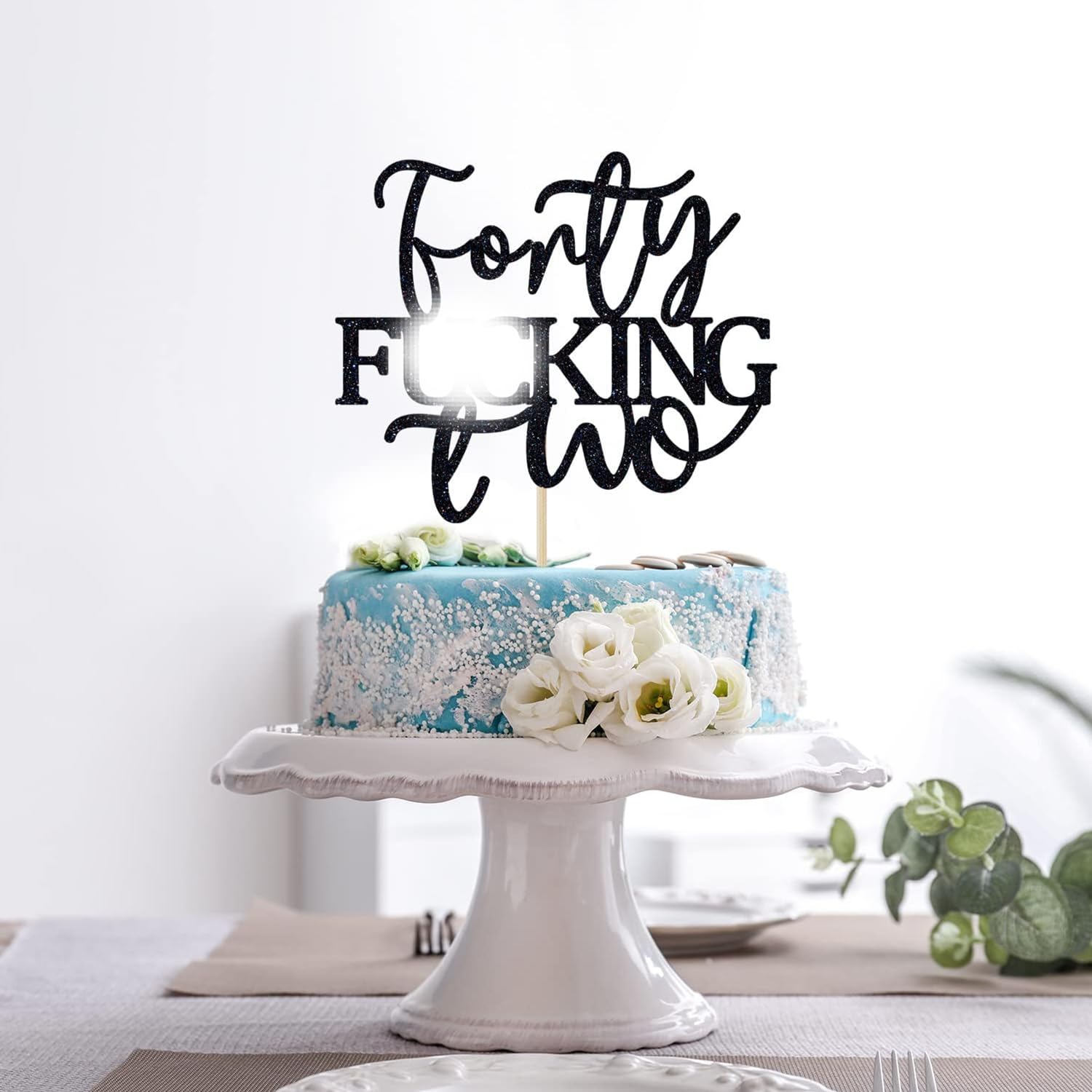 Unoggsor Forty Fucking Two Cake Topper - Happy 42nd Birthday Cake Decor - Cheers to 42 Years Birthday Party Decorations Supplies, Black Glitter
