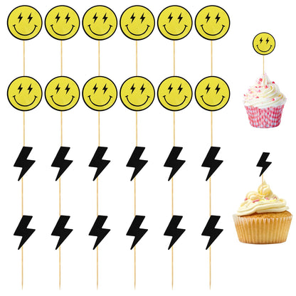 Ryetvok 24PCS One Happy Dude Cupcake Toppers,Retro Smiley Face Checkered Cake Decorations for Boys 1st Birthday Party, Groovy First Birthday Supplies