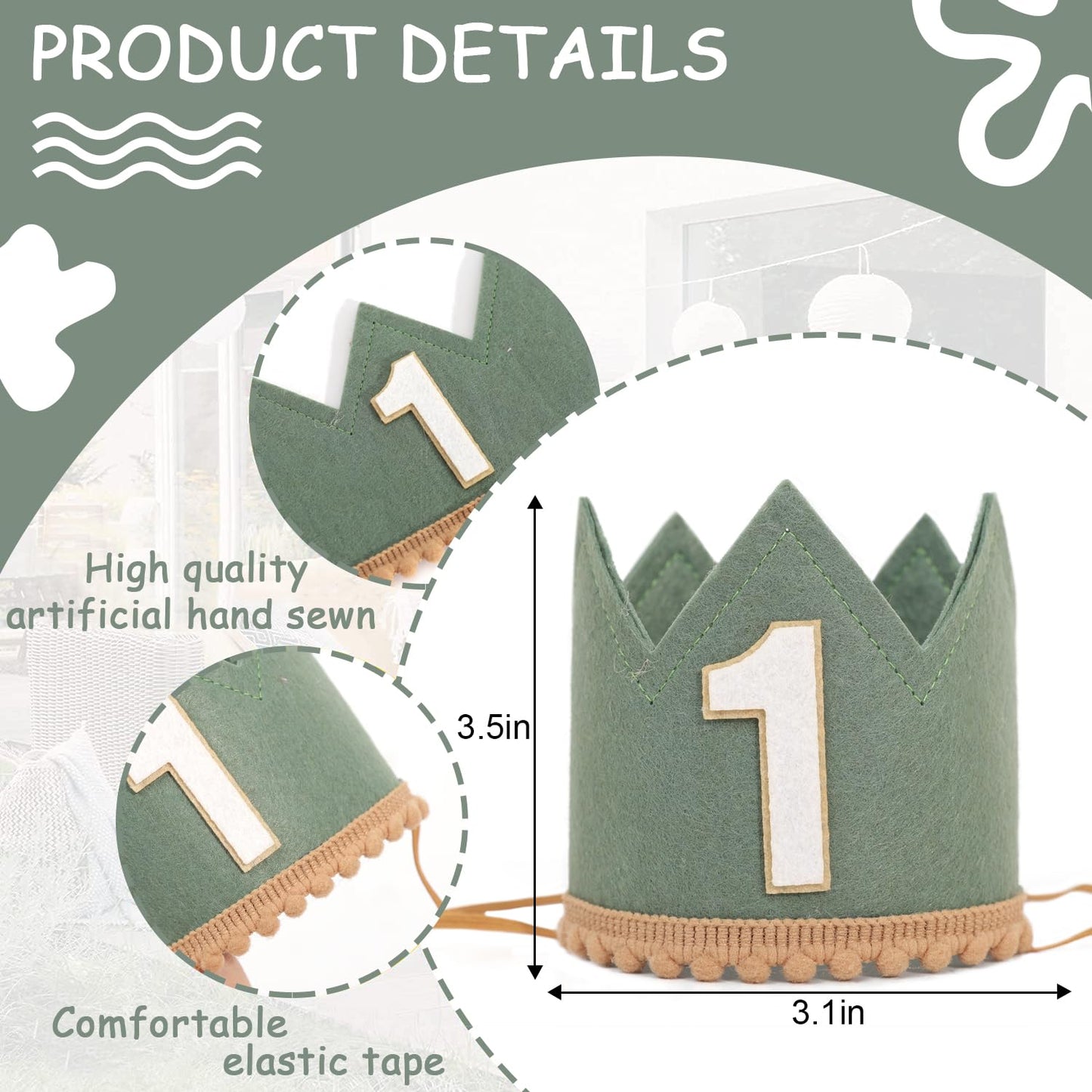 Agvgaza Wild One Birthday Crown - Safari Jungle 1st Birthday Hat for Boys and Girls, Deep Green Woodland First Cake Smash Photo Props