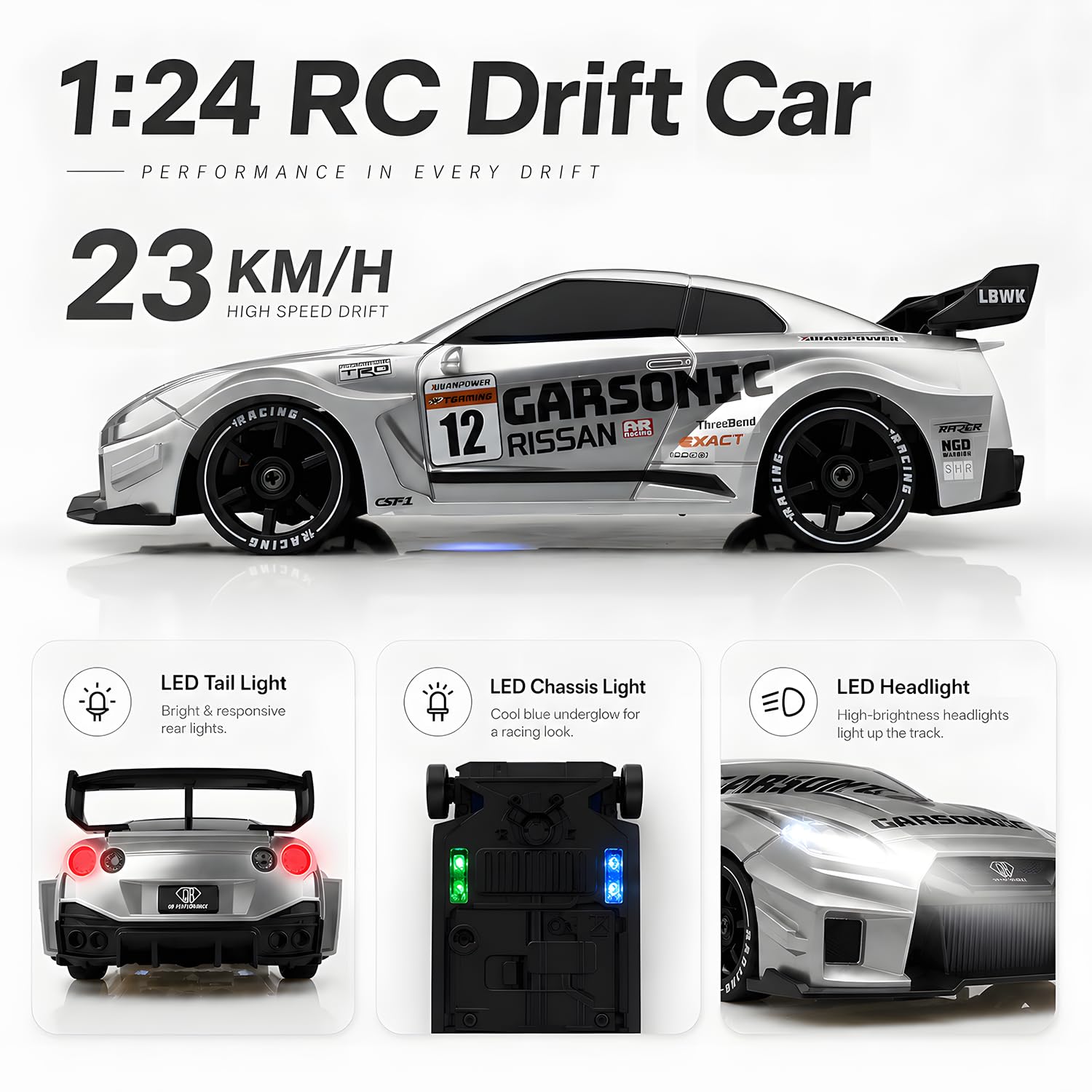 XGUICHEEN RC Drift Car, 1:24 Scale Remote Control Vehicle with LED Lights,Drifting Tires?Two Batteries, Racing Sports Toy Idea Gift for Adults Boys