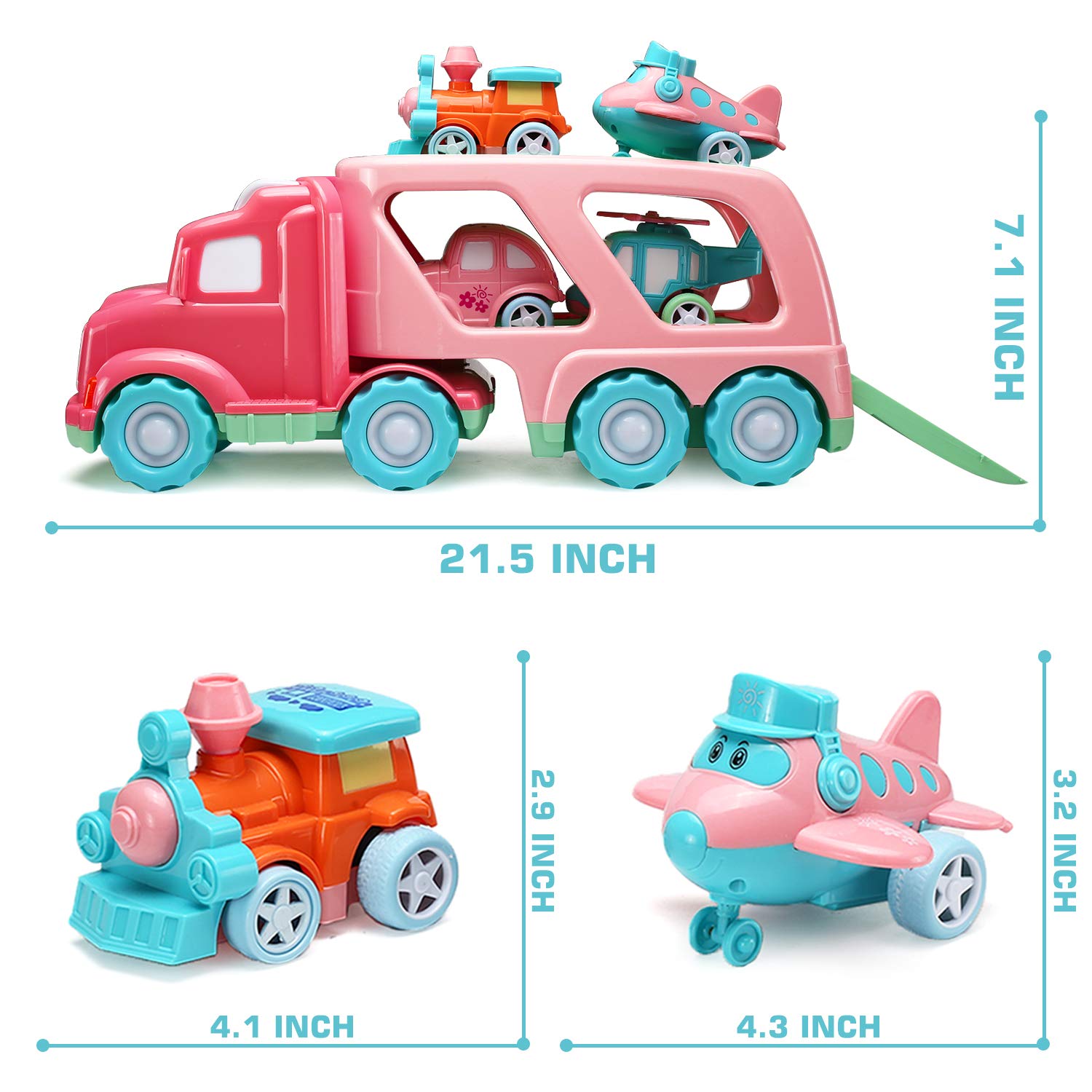 Carrier Car Toy Set(5 in 1) with Lights and Sounds, Pink Toy for Girl Toddler Kid, Friction Powered Double Layer Transport Truck with Cartoon