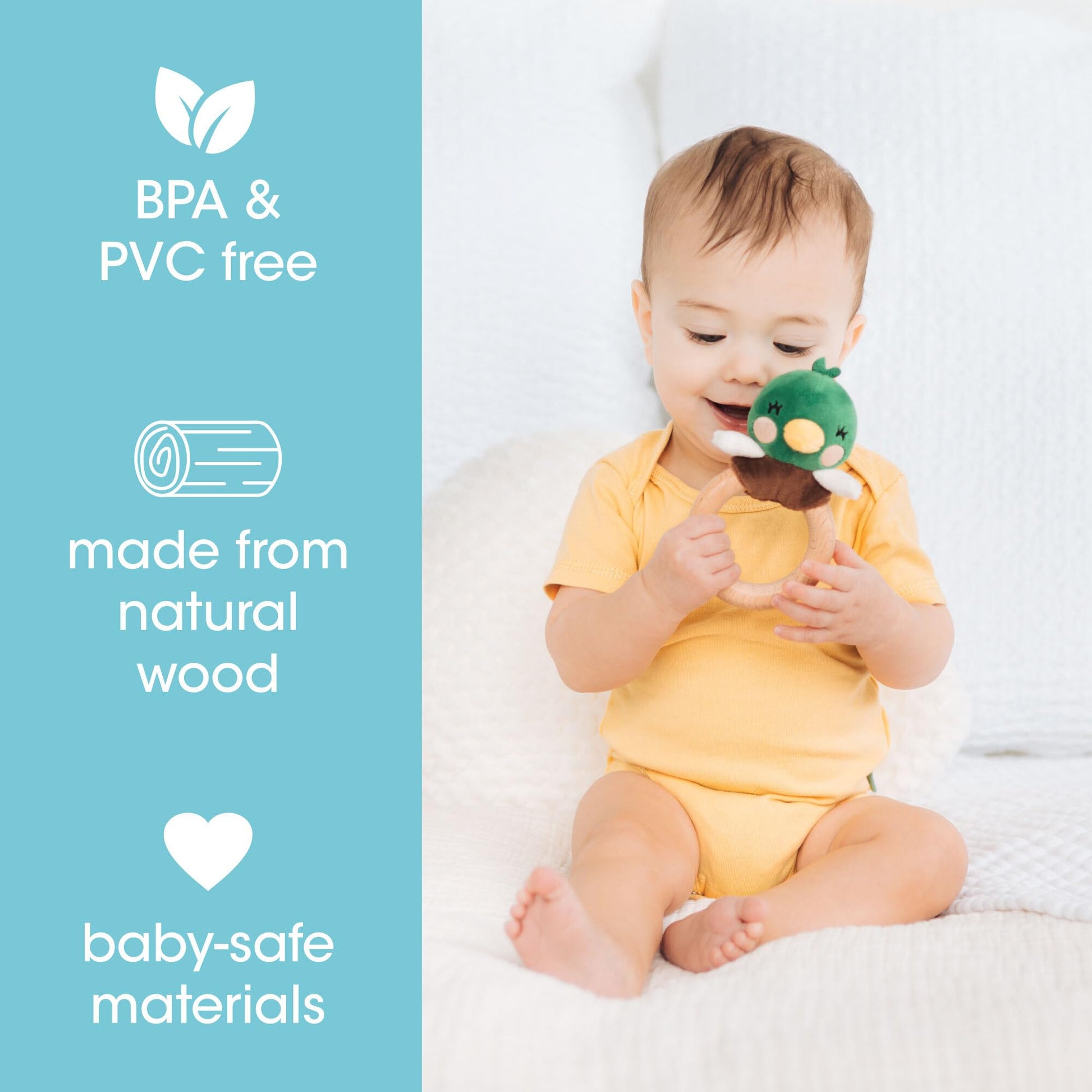 Pearhead Mallard Duck Wooden Baby Teether - Soft Plush Lovey with Natural Wood Rattle Ring, BPA & PVC-Free, Soothes Infant Gums, Multi-Sensory Newborn