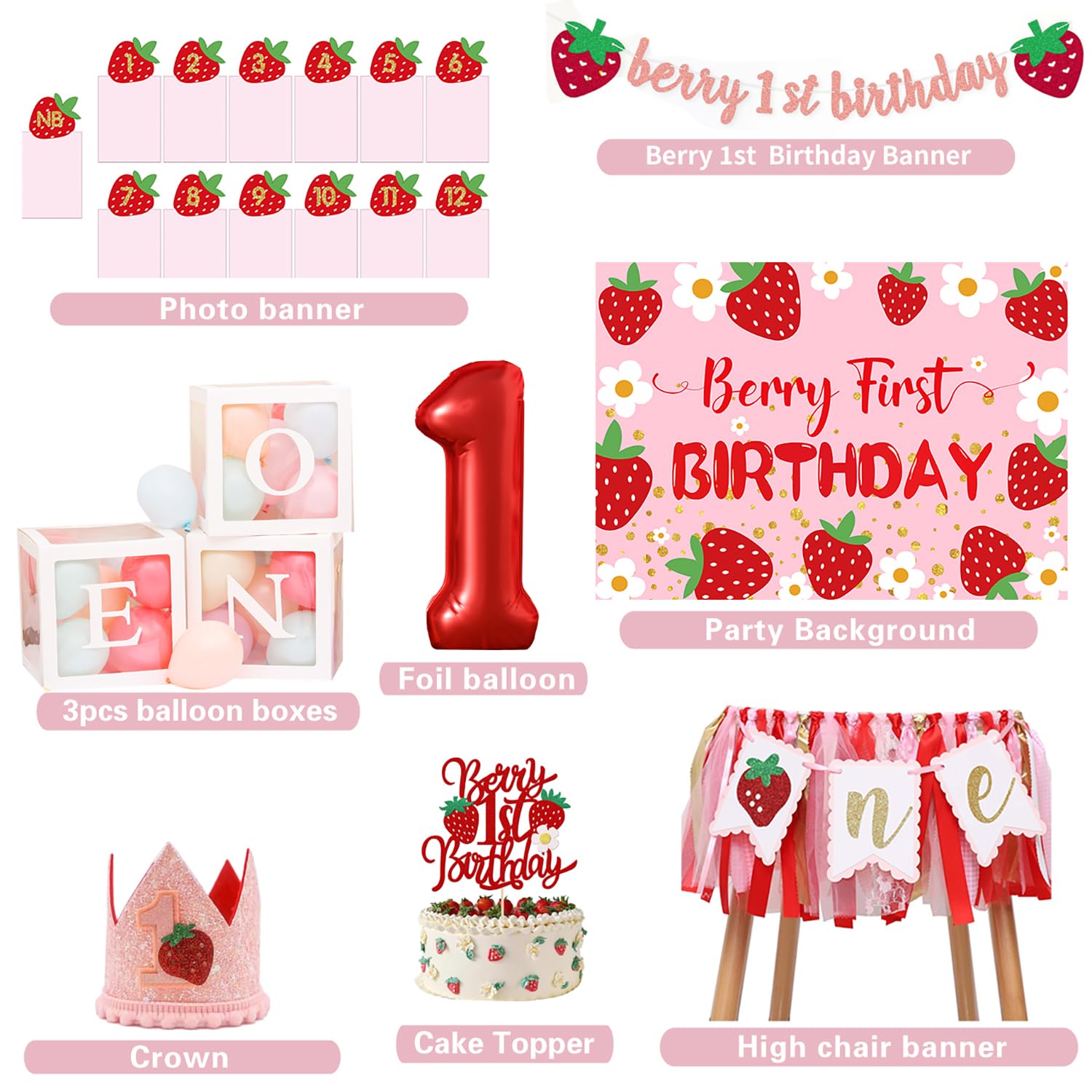 Berry Baby Girl 1st Birthday Decor, Strawberry First Birthday Decorations for Girls with Balloon Arch, Party Backdrop, High Chair Banner, Crown, Photo