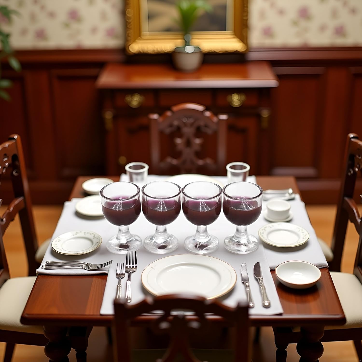 4Pcs Mini 1/12 ScaleBar Set with Red Wine Glasses and Bottles, Realistic Dollhouse Miniatures for Architectural Models, Photography Props and Display