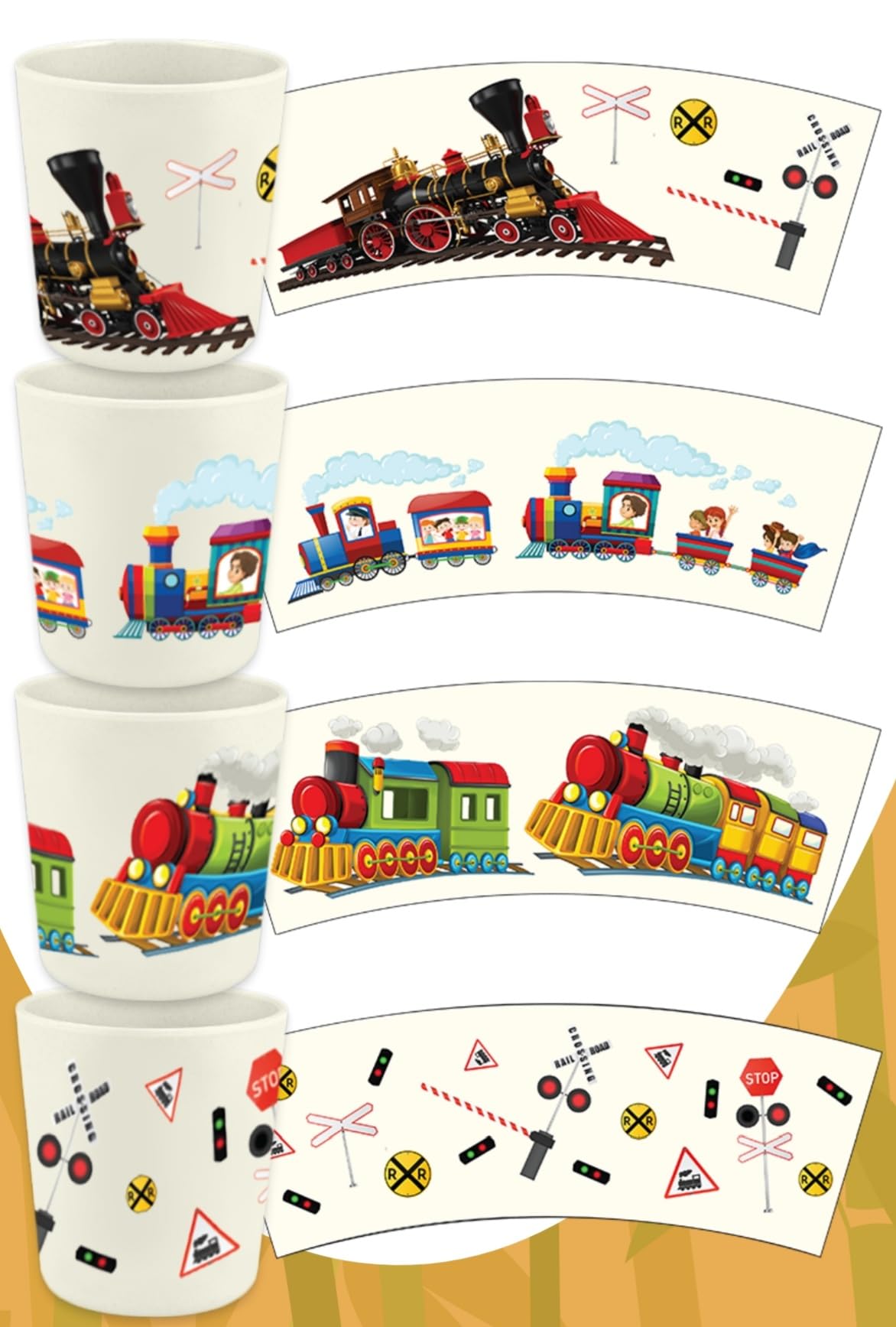 BAMBOO KING Set of 4 Train and Train Tracks Theme Party Bamboo Cups for Kids | Shatter Resistant | BPA Free | Open Cups | 8 Oz