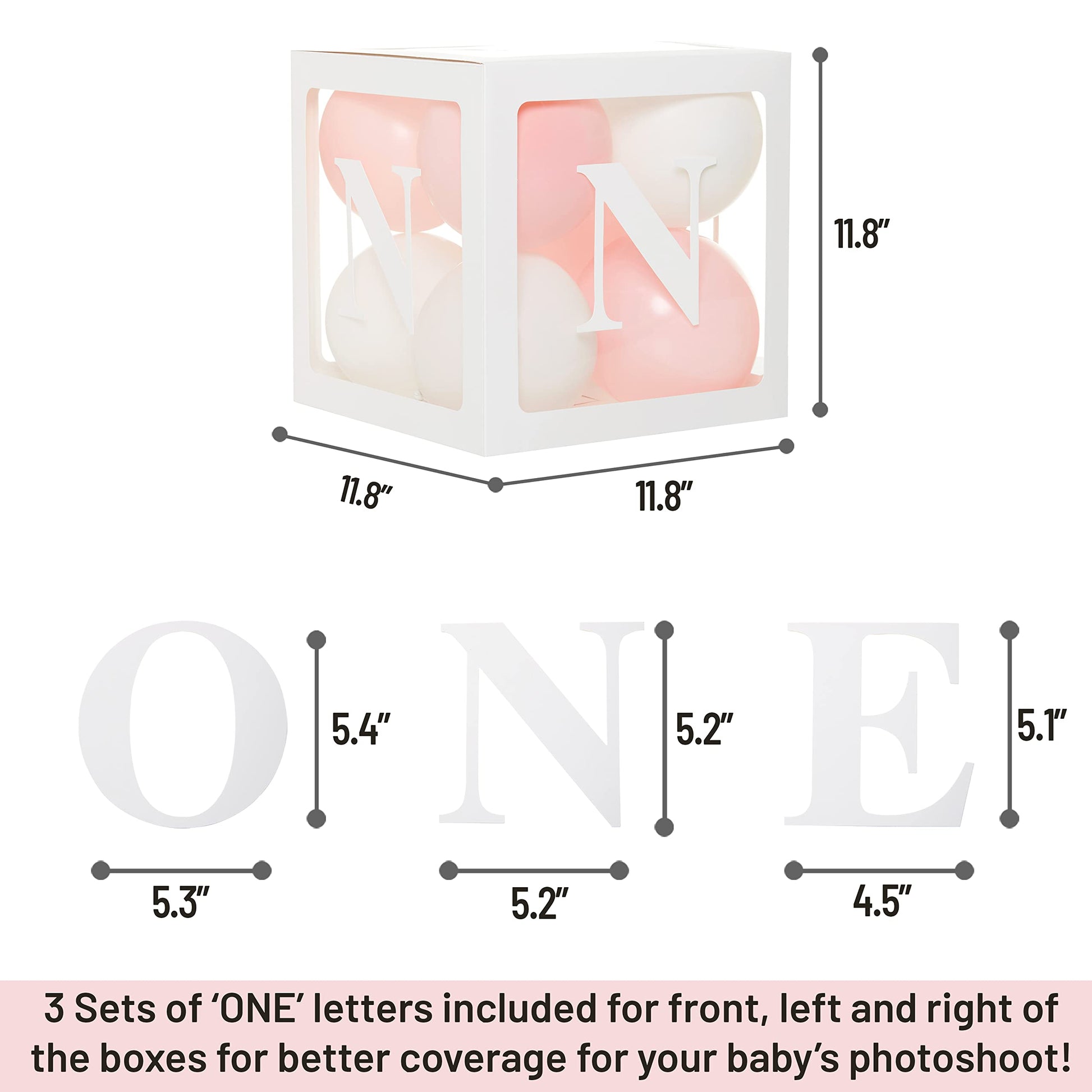 First Birthday Decorations Balloon 'ONE' Boxes for Baby Girl - 24 Balloons - Baby 1st Birthday Girl Decoration, Clear Cube Blocks 'ONE' Letters as
