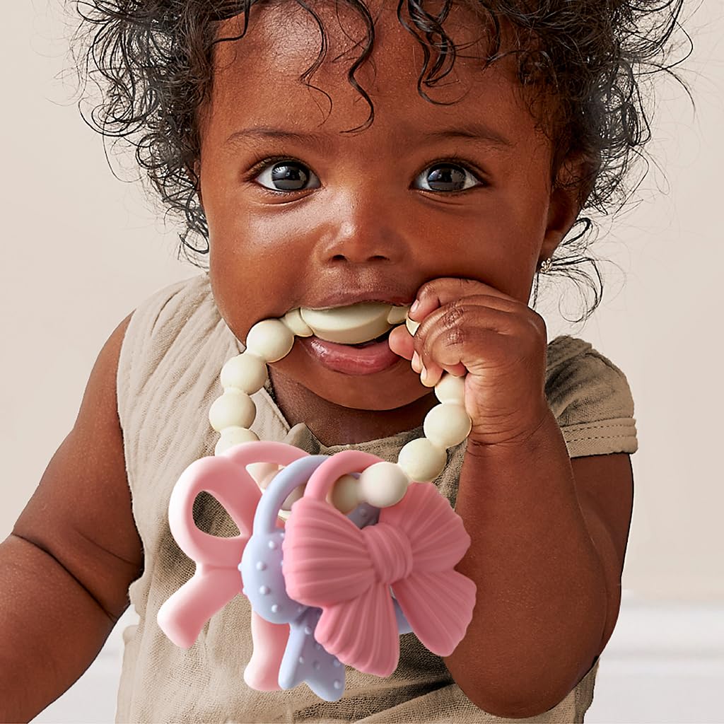 Itzy Ritzy Silicone Teether Trio for Babies - Soft, Flexible BPA-Free Teething Toys with Textured Surfaces & Easy-Grip Ring for Sensory Play and Fine