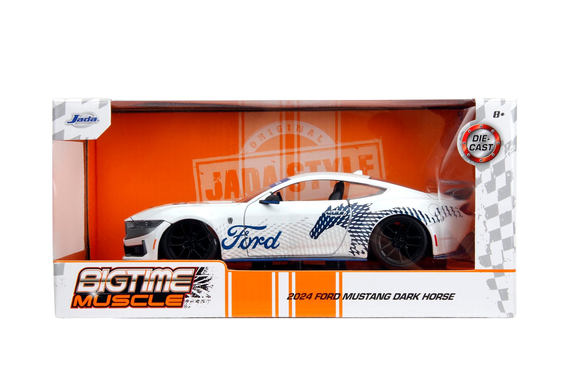 Jada Big Time Muscle 1:24 2024 Ford Mustang GT Dark Horse Die-Cast Car, Toys for Kids and Adults(White with Blue Horse Deco)