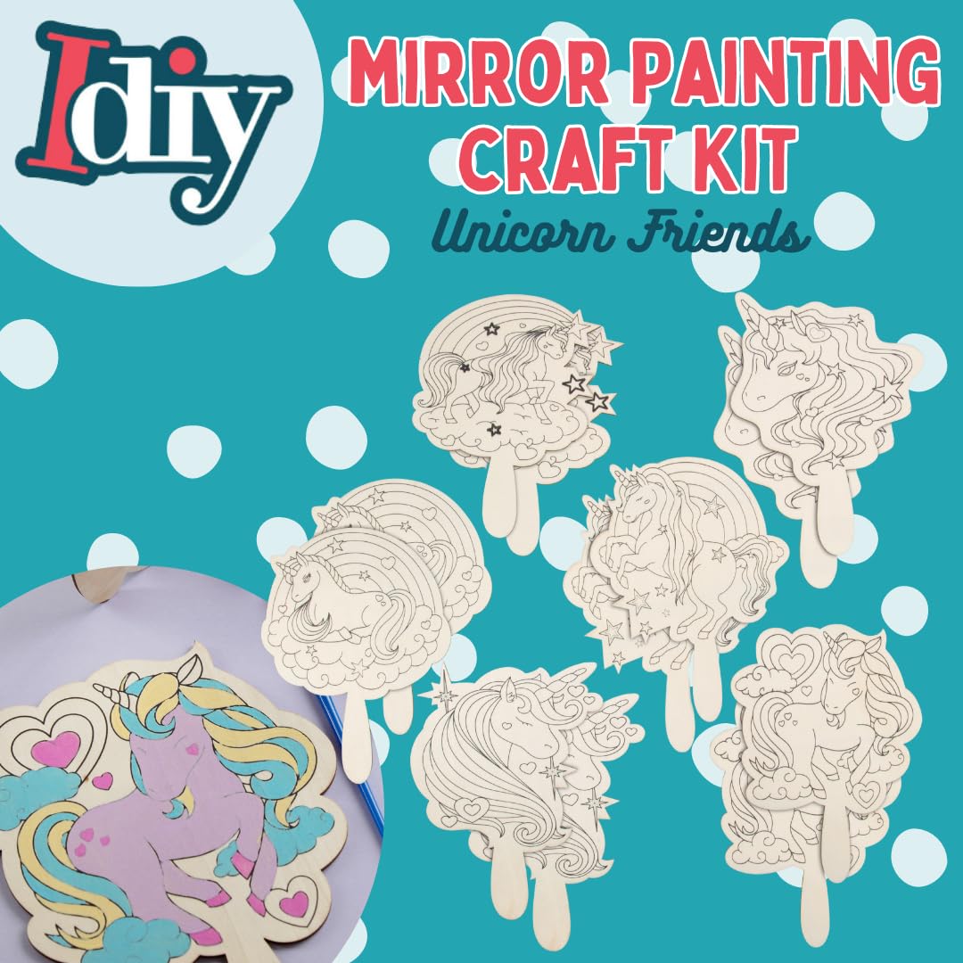 Idiy Paint Your Own Unicorn Mirror Craft Kit for Kids (12 Pack) - 12 Individually Wrapped Wooden Mirrors with Paint Set & Brush for Summer Camp