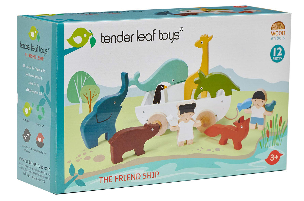 Tender Leaf Toys - The Friend Ship - 12 Pieces Pull Toy Ship Set with Stackable Animals and Friend Figures - Early Learning, Creative and Imagination