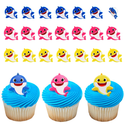 DecoPac Baby Shark Rings, Cupcake Toppers Featuring Baby Shark, Mommy Shark, And Daddy Shark, Blue, Pink, And Yellow 3D Food Safe Cake Decorations
