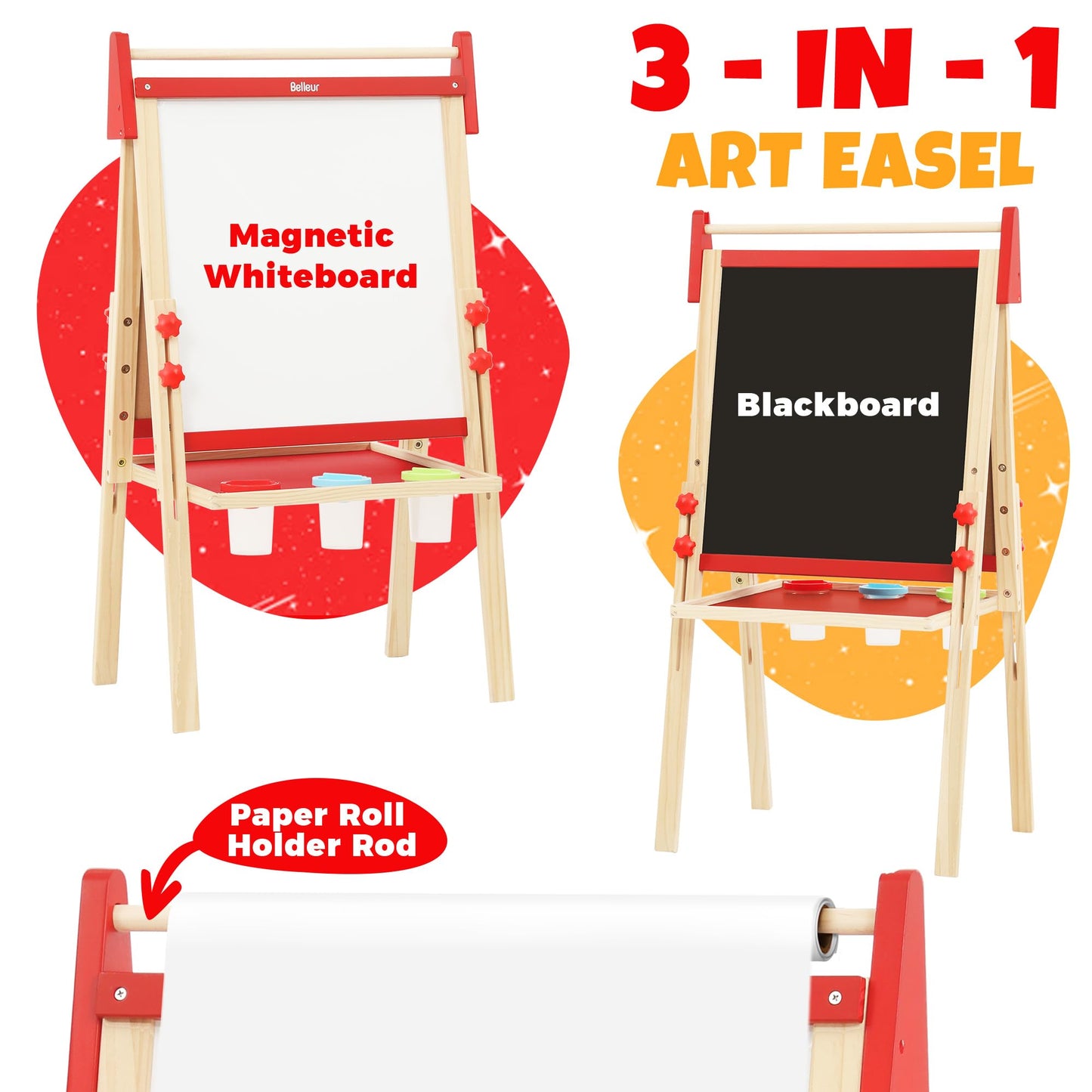 Belleur Wooden Art Easel for Kids 2+, Adjustable Double Sided Easel for Toddlers with Dry-Erase Board & Magnetic Whiteboard & Paper Roll Rod, 28"-40"