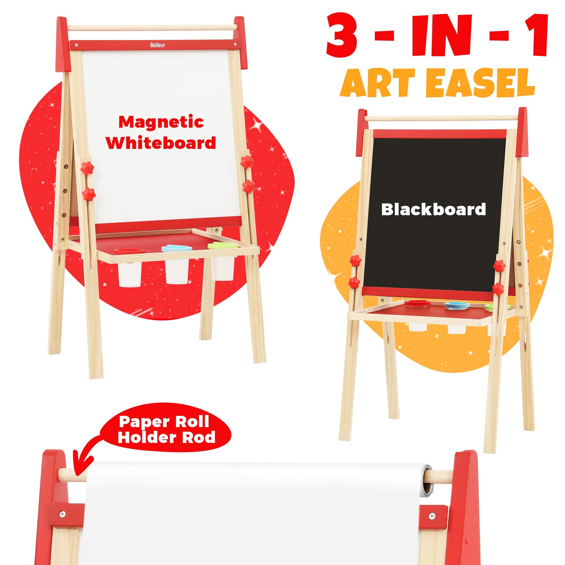 Belleur Wooden Art Easel for Kids 2+, Adjustable Double Sided Easel for Toddlers with Dry-Erase Board & Magnetic Whiteboard & Paper Roll Rod, 28"-40"