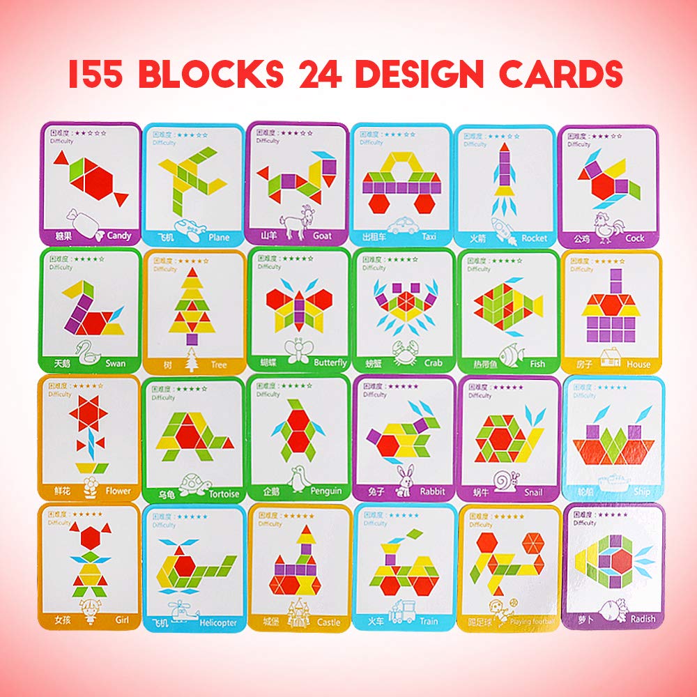 JCREN Wooden Pattern Blocks Montessori Toys Shape Puzzles Kindergarten Classic Educational Tangram Geometric Brain Teaser Toys Best STEM for Kids Ages