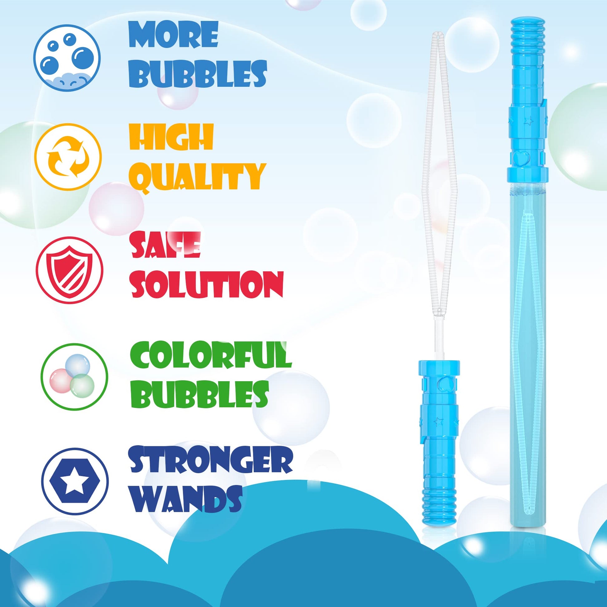 Inscraft 40 Pack 14’’ Big Bubble Wands, 8 Colors Bubbles Bulk for Summer Toy, Outdoor / Indoor Activity Use, Easter, Birthday, Graduation, Shower