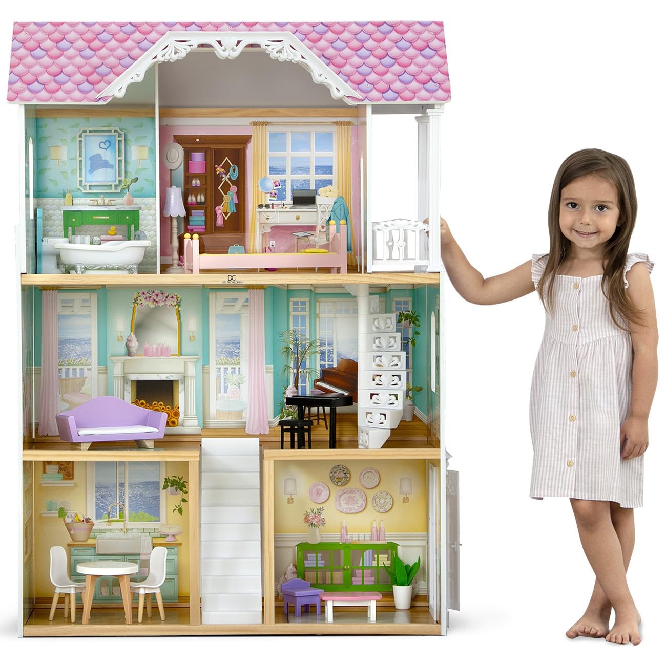 Delta Children MySize Dollhouse - Large 3-Story Dollhouse with 7 Rooms Includes 12 Accessories - Fits 12-inch Dolls - Pretend Play Dream Gift for Ages