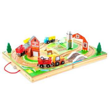 Melissa & Doug 17-Piece Wooden Take-Along Tabletop Farm, 4 Farm Vehicles, Play Pieces, Barn, Grain House Take-Along Pretend Play Toy Barn Toys for