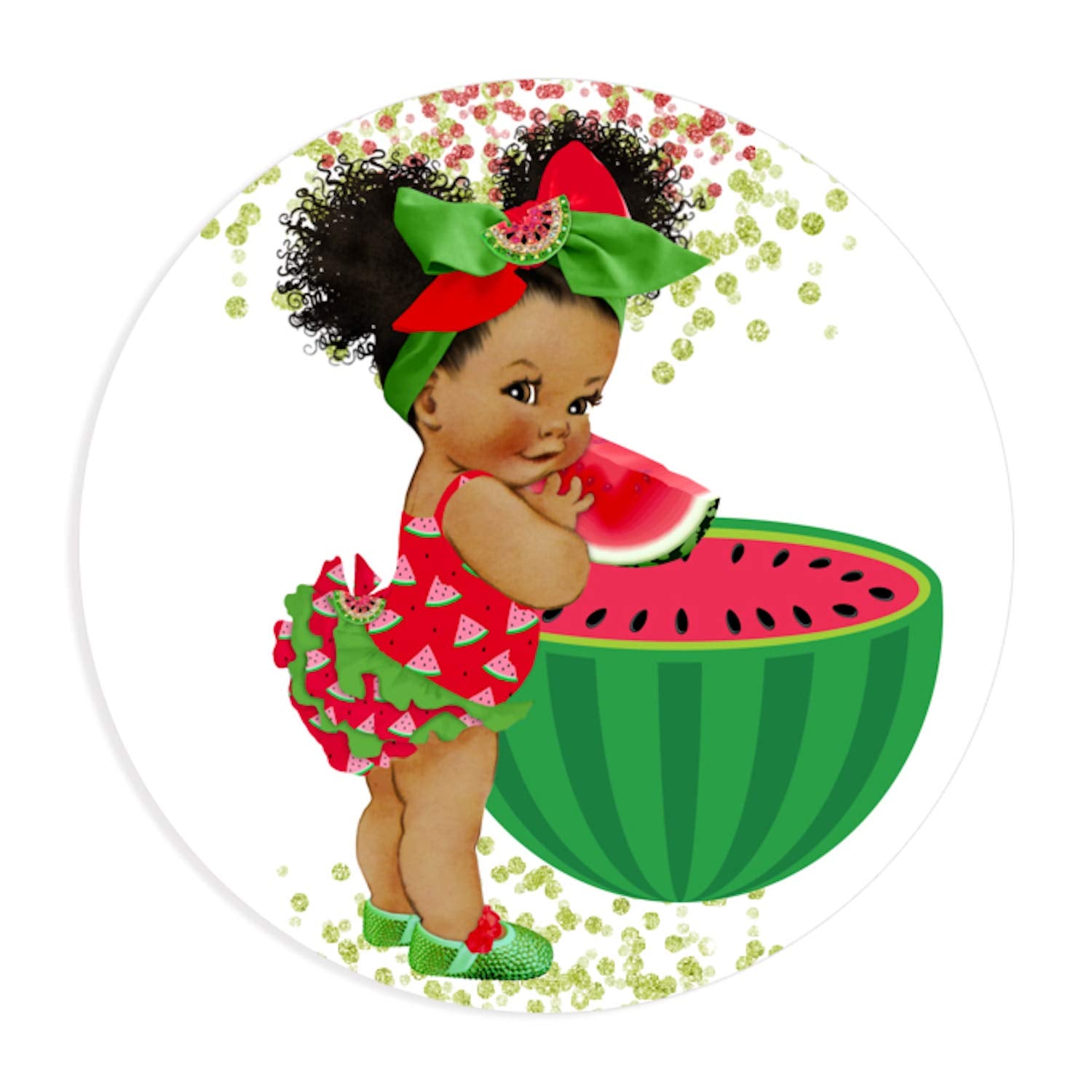40 Watermelon Girl Favor Labels Stickers, African American Watermelon Baby Girl Shower Birthday Stickers