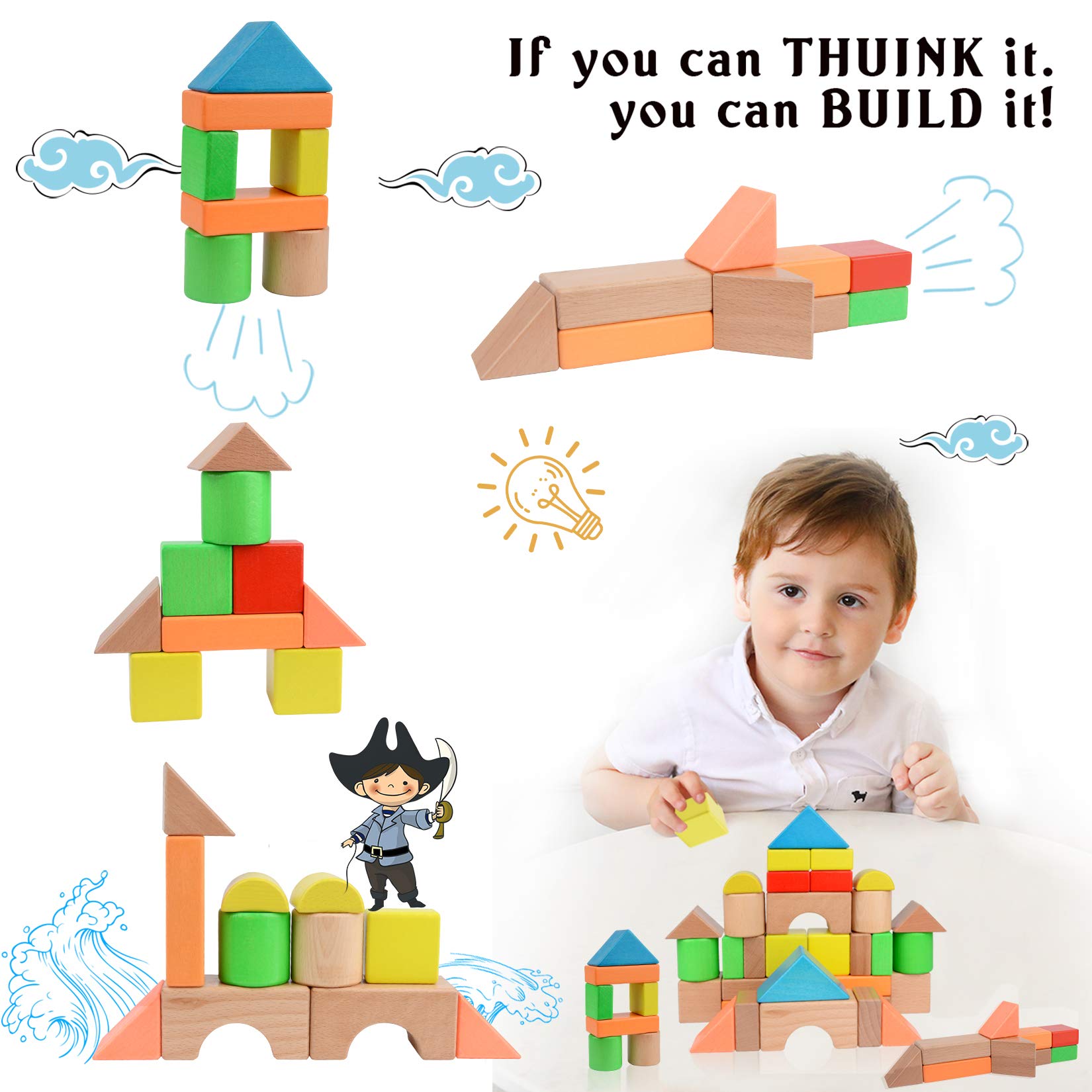 Migargle Large Wooden Building Blocks Set - Educational Preschool Stacking Toys with Storage Bag, Toddler Gifts for Boys Girls Ages 3+