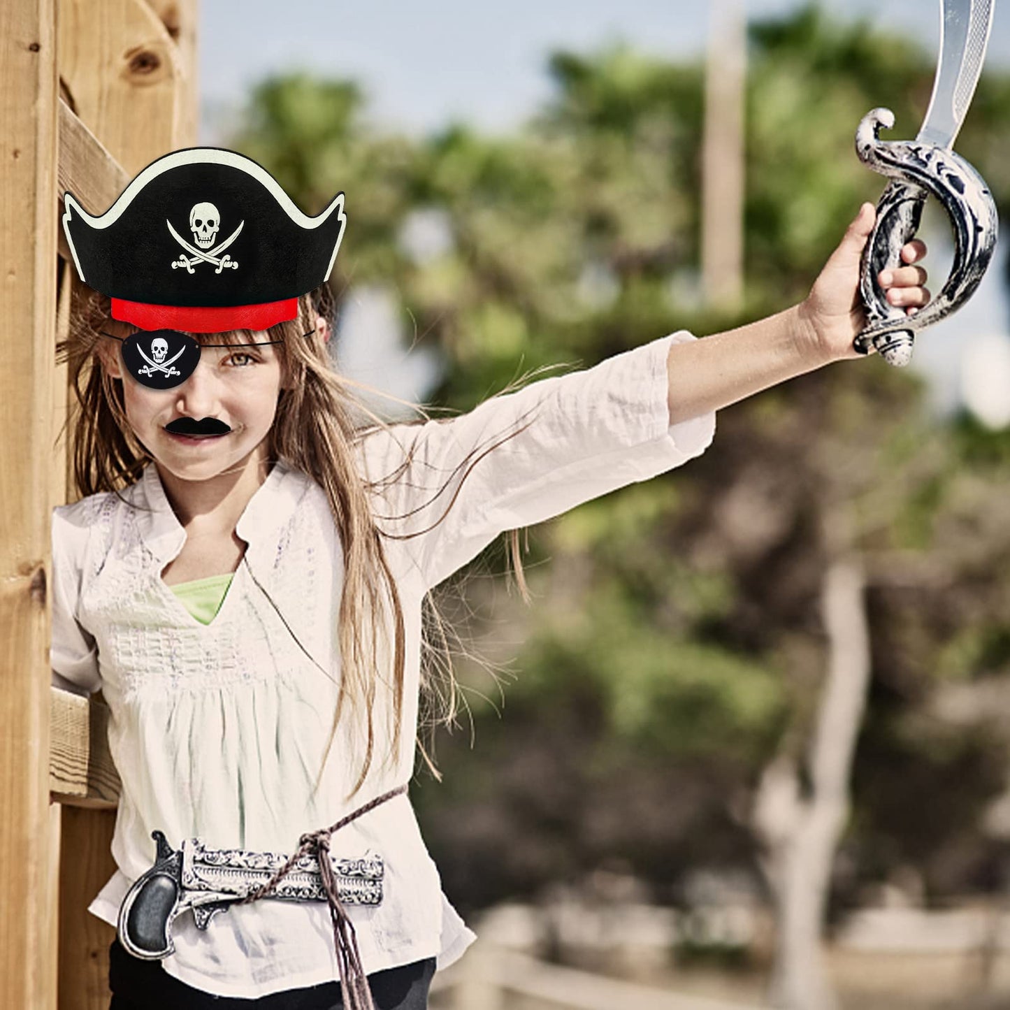 CHRIMISS Pirate Hat Set with Pirate Eye Patch, Mustache, Temporary Tattoos, 48PCs for Kid Birthday, Halloween Costume Accessories, Party Favors