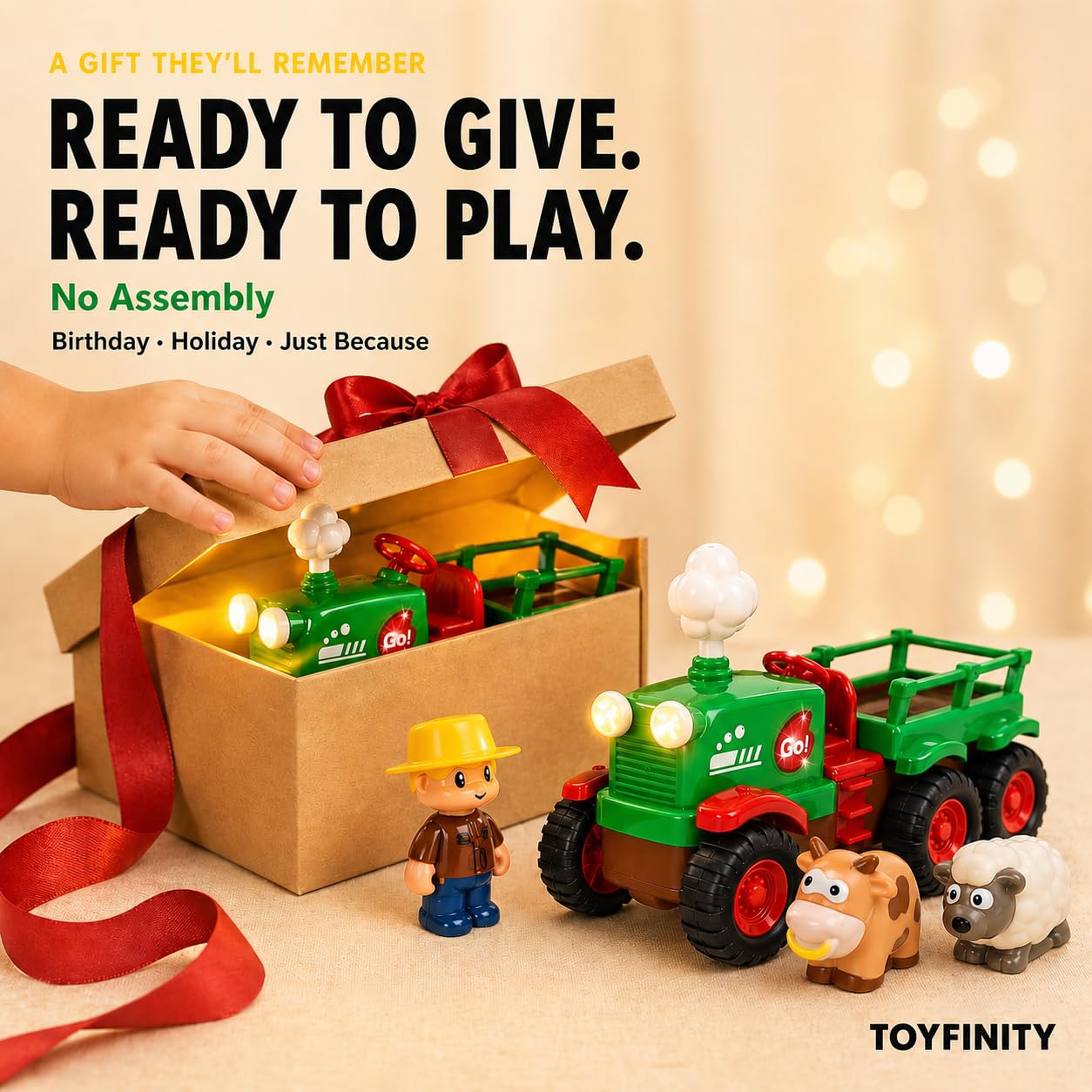 Self-Driving Farmer Tractor Truck Toy for Boys with Lights and Music, with Farmer Figure & Farm Animals (Moving Chimney and Shaking Animals)