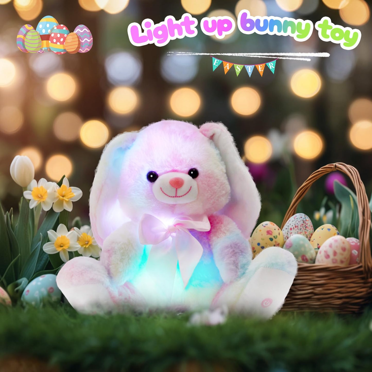 Glow Guards 10'' Easter Light up Rainbow Bunny Stuffed Animal,Soft Glowing Rabbit Plush Toy with Lop Eared Night Light,Birthday Christmas