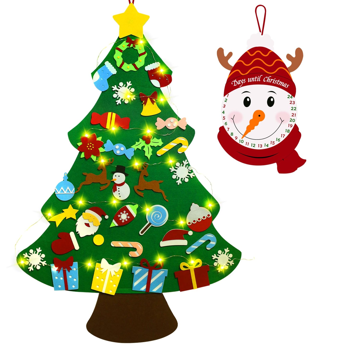 Flechllary 3ft DIY Felt Christmas Tree for Toddlers, Set Plus Snowman Advent Calendar with 33 Removable Ornaments, Wall Hanging Xmas Gift for Kids