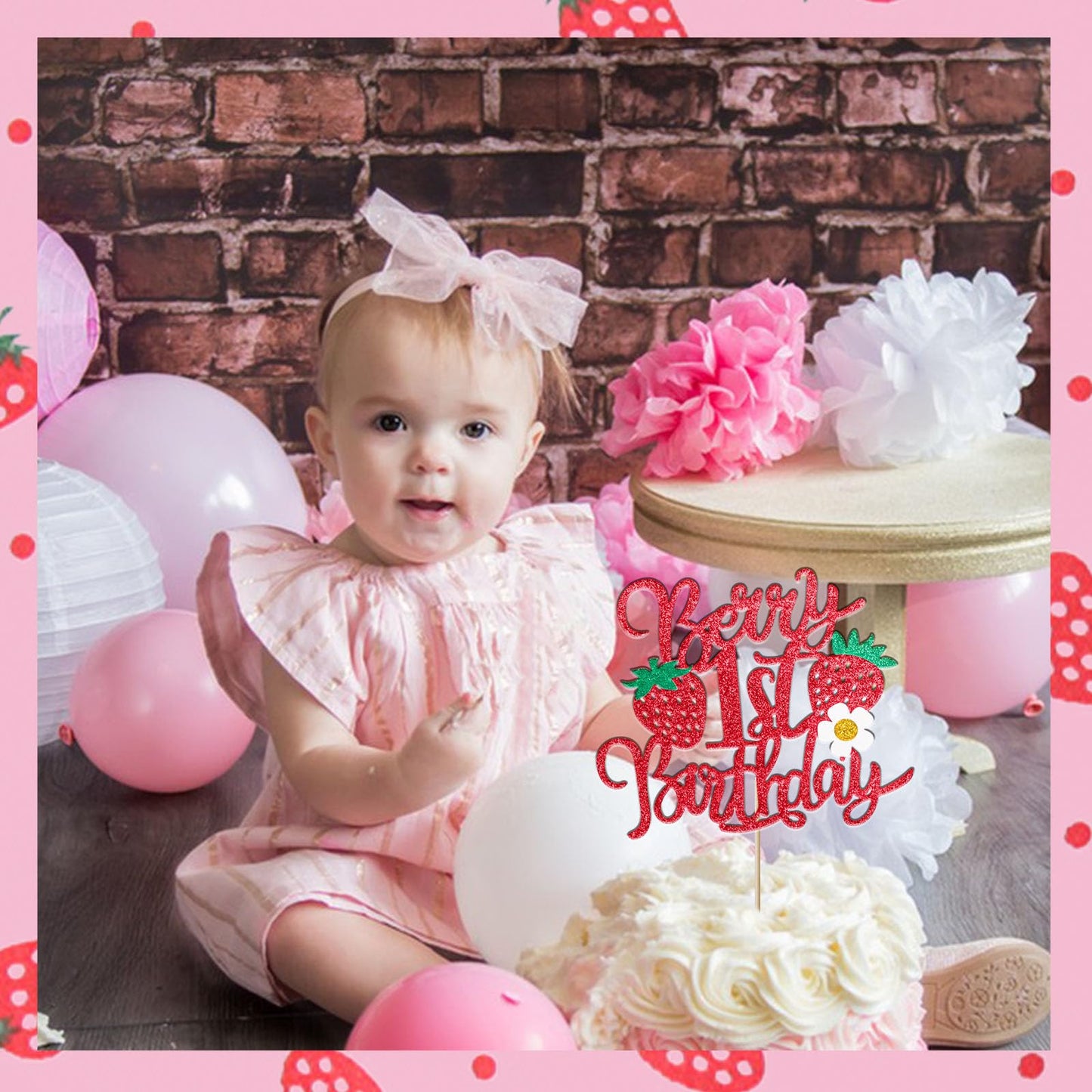 1pcs Berry 1st Birthday Cake Topper Flower Glitter Strawberry Theme 1st Birthday Cake Pick for Sweet Fruit Theme Baby Shower First Birthday Party Cake