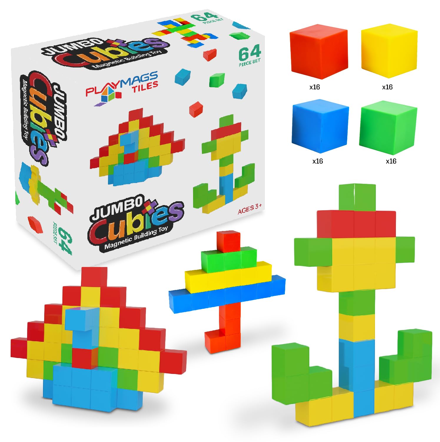 Playmags Jumbo Cubies Magnetic Blocks Building Toy, 64pc 2-Inch Magnet Cubes STEM Toys for Toddler & Kids, Preschool, Educational Construction Block