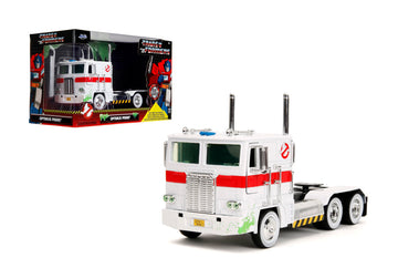 Jada Transformers G1 Optimus Prime Big Rig with Ghostbusters Ecto-1 Graphics - Die-Cast Vehicle - 1:24 Scale, Opening Doors, Hood & Trunk, Rubber
