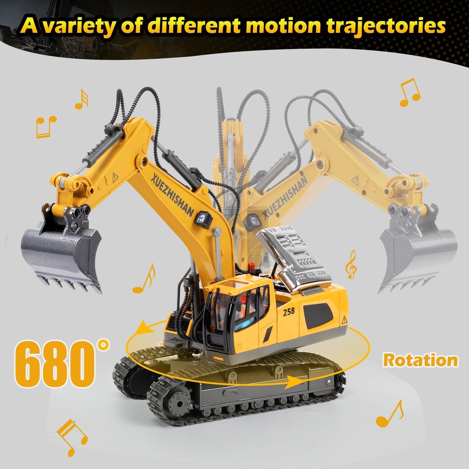 KidsFaves Remote Control Excavator Toys for Boys Turns 680-degree 2 Batteries Metal Shovel Lights/Sounds Construction Toys Birthday Gifts Boy Toys