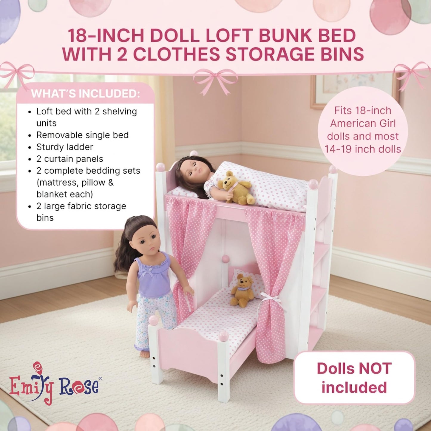 Emily Rose 18 Inch Doll Loft Bunk Bed Pink - Wooden Doll Bunkbed with Storage Shelves, Ladder, Removable Single Bed, 2 Polka Dot Bedding Sets &
