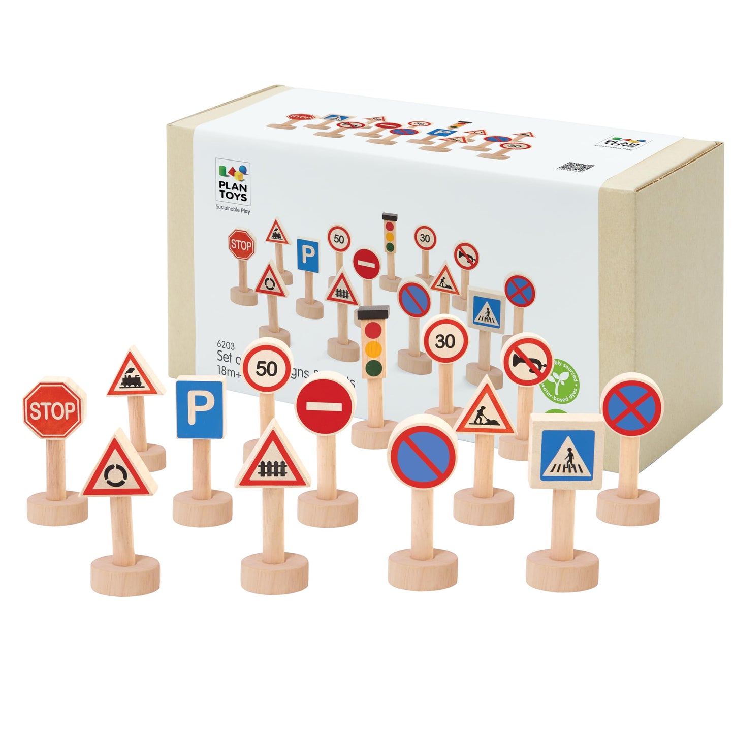 PlanToys® Traffic Signs & Lights Wooden Montessori Imaginative Play Set | Early Language, Social Skills and Real-World Awareness Activity | Eco